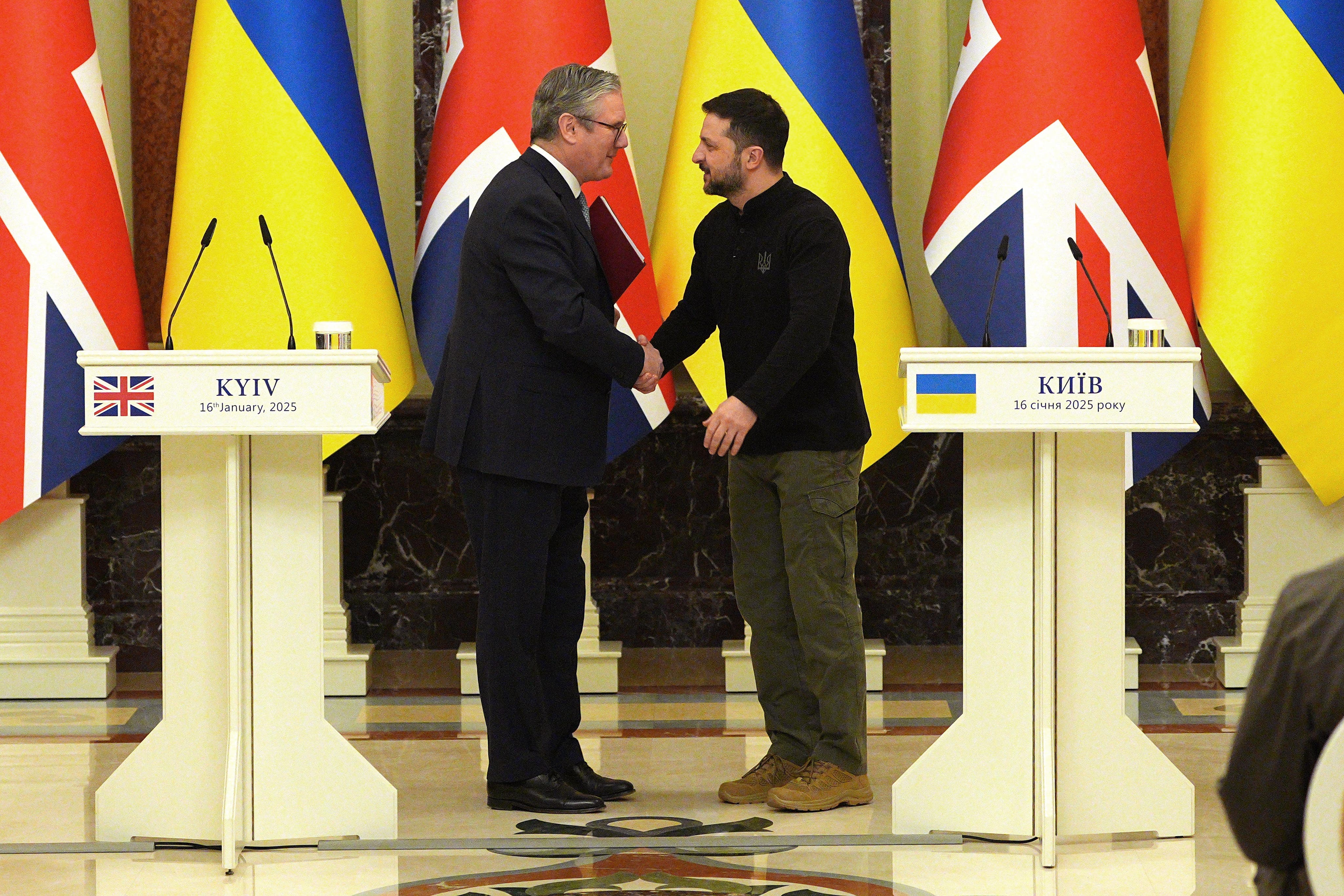 Prime Minister Sir Keir Starmer and Ukrainian President Volodymyr Zelensky shake hands ahead of their bilateral talks in Kyiv on January 16 2025 (Carl Court/PA)