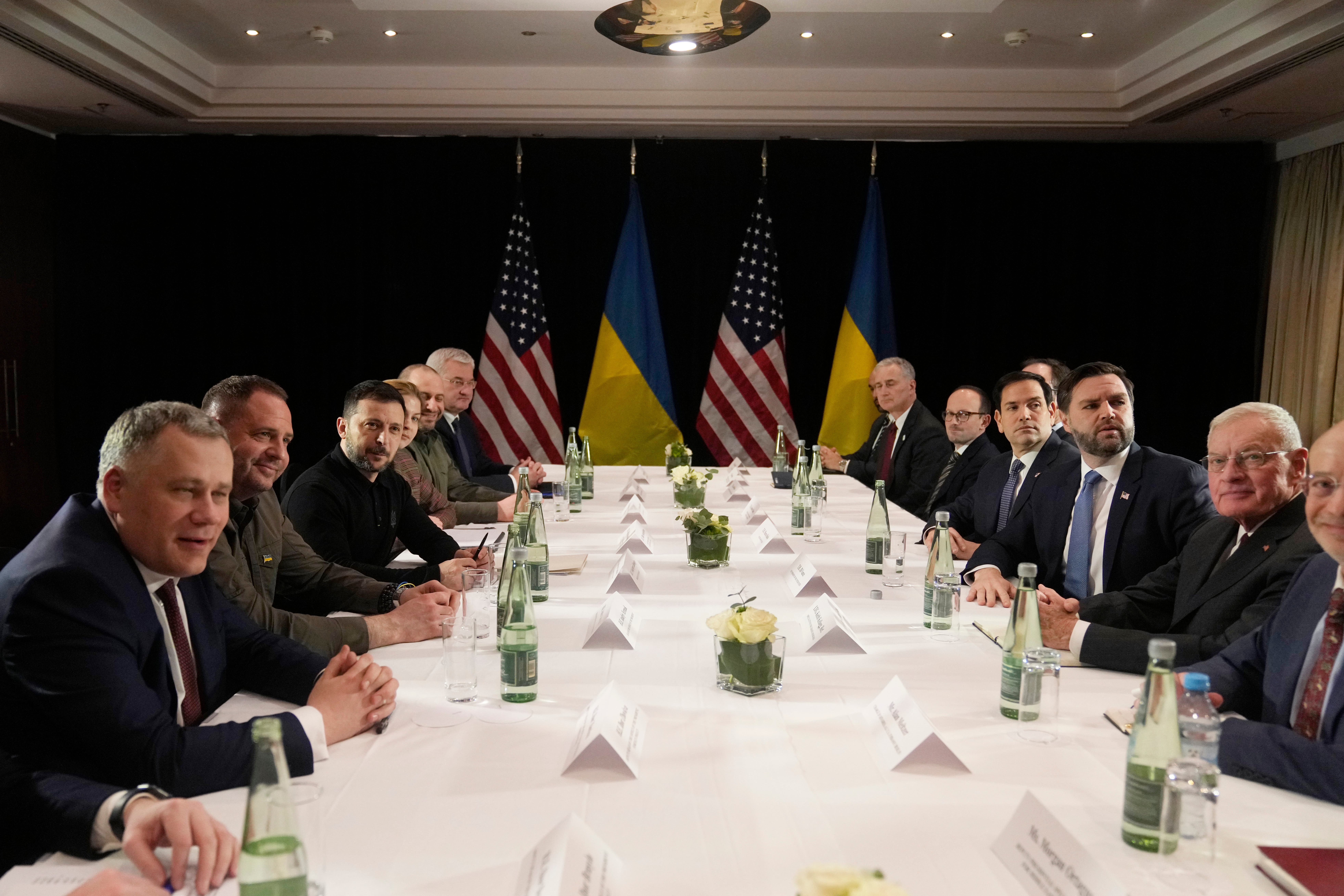 US vice president JD Vance, third right, and US secretary of state Marco Rubio, fourth right, meet with Ukraine’s President Volodymyr Zelensky, third left (Matthias Schrader/AP)