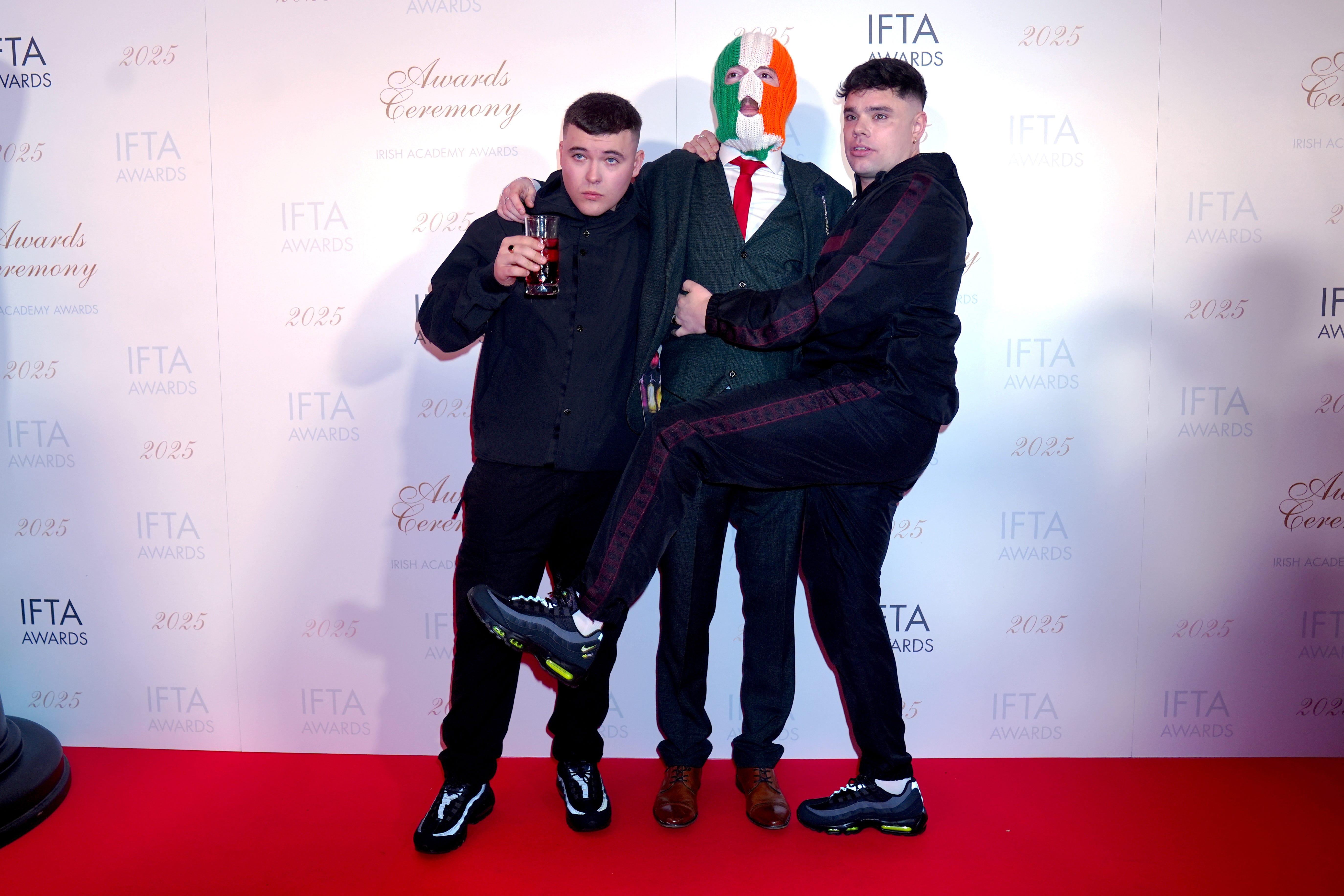 (left to right) members of Kneecap, Mo Chara, JJ O’Dochartaigh and Moglai Bap attending the Irish Film and Television Academy (IFTA) Awards Ceremony at the Dublin Royal Convention Centre. Picture date: Friday February 14, 2025.