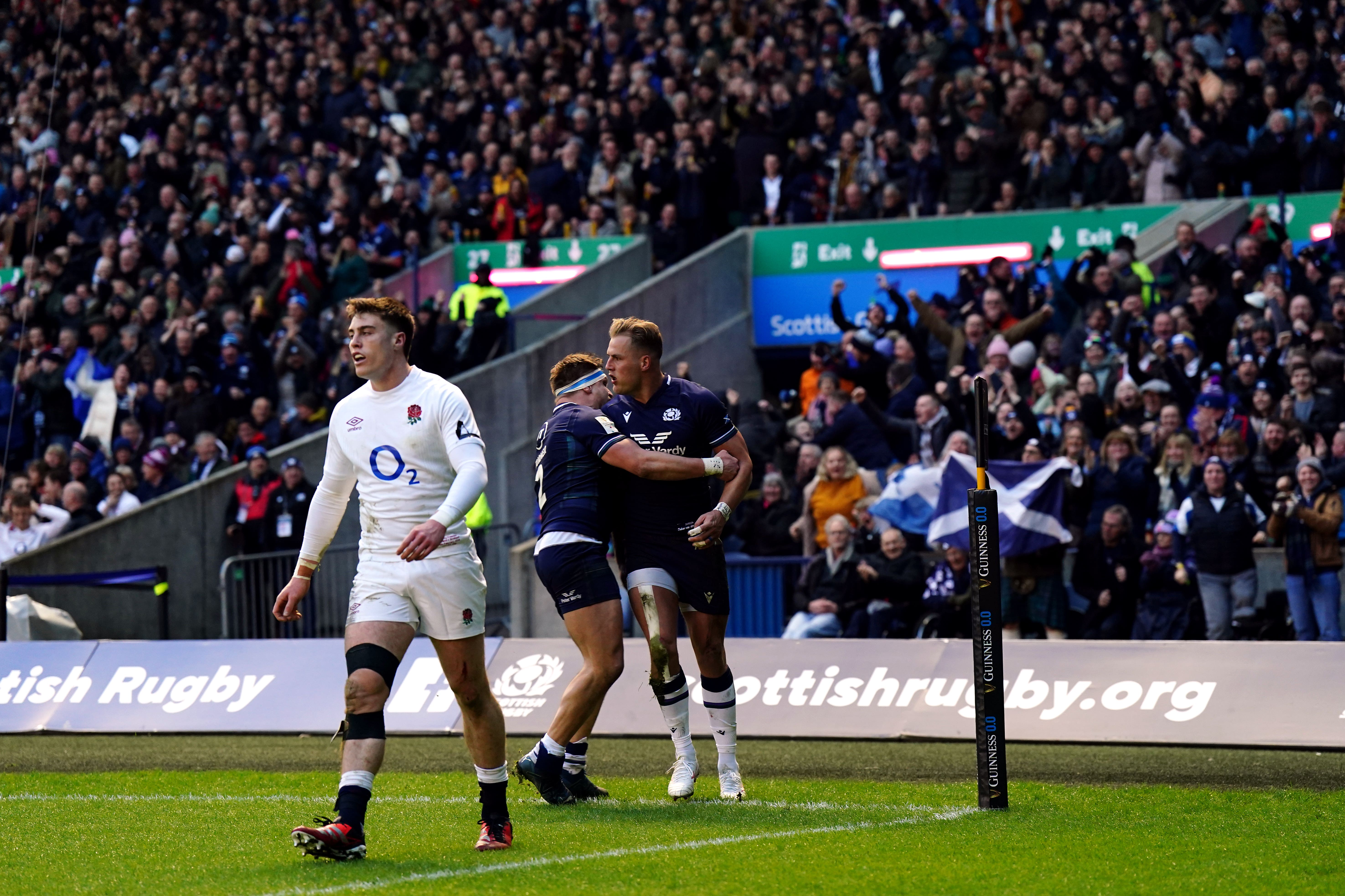 Scotland’s Duhan van der Merwe celebrates scoring their second try during the Guinness Six Nations match at the Scottish Gas Murrayfield Stadium, Edinburgh. Picture date: Saturday February 24, 2024.