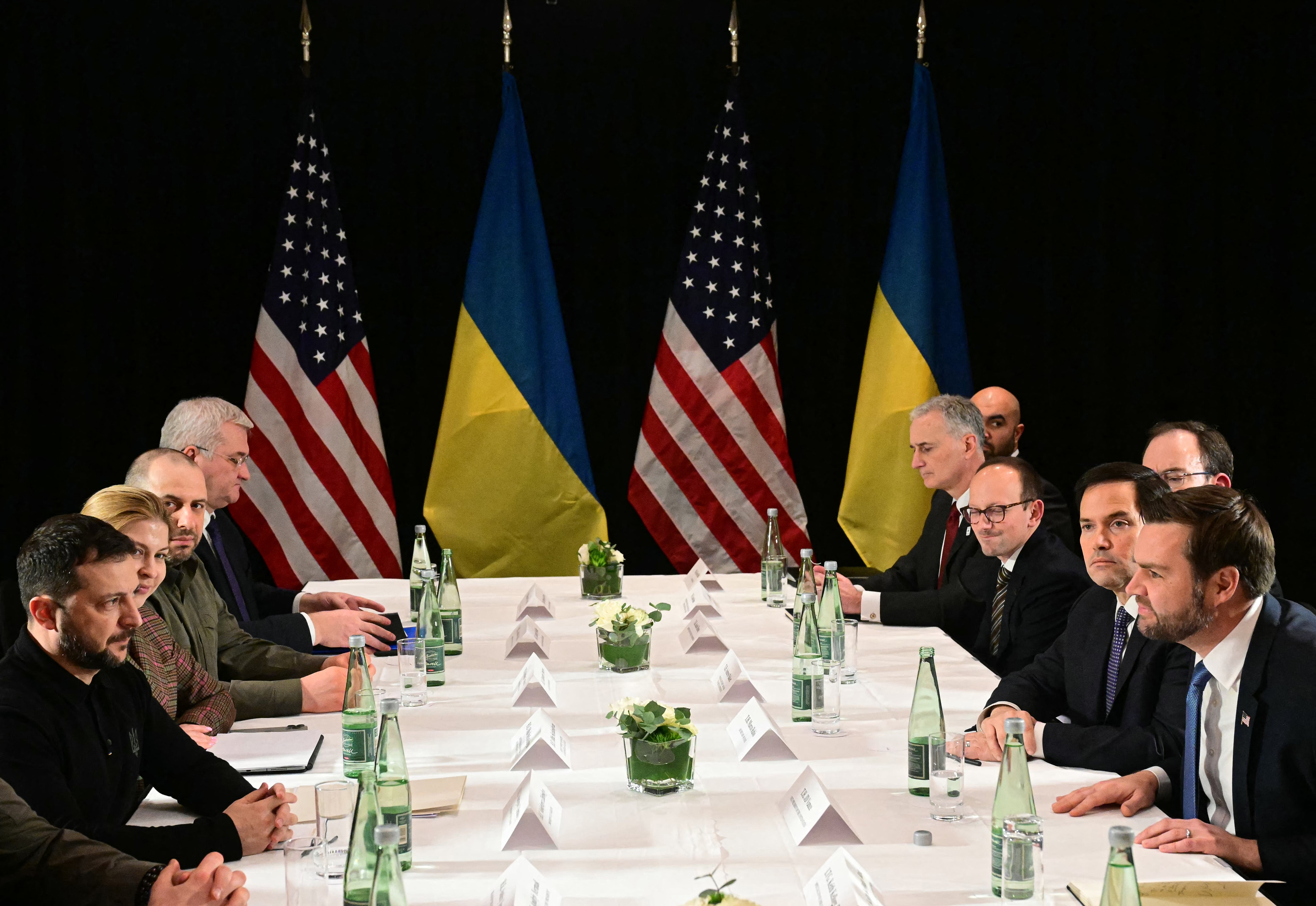 US vice-president JD Vance (right), US secretary of state Marco Rubio (second right) and Volodymyr Zelensky (left) meet on the sidelines of the Munich security conference