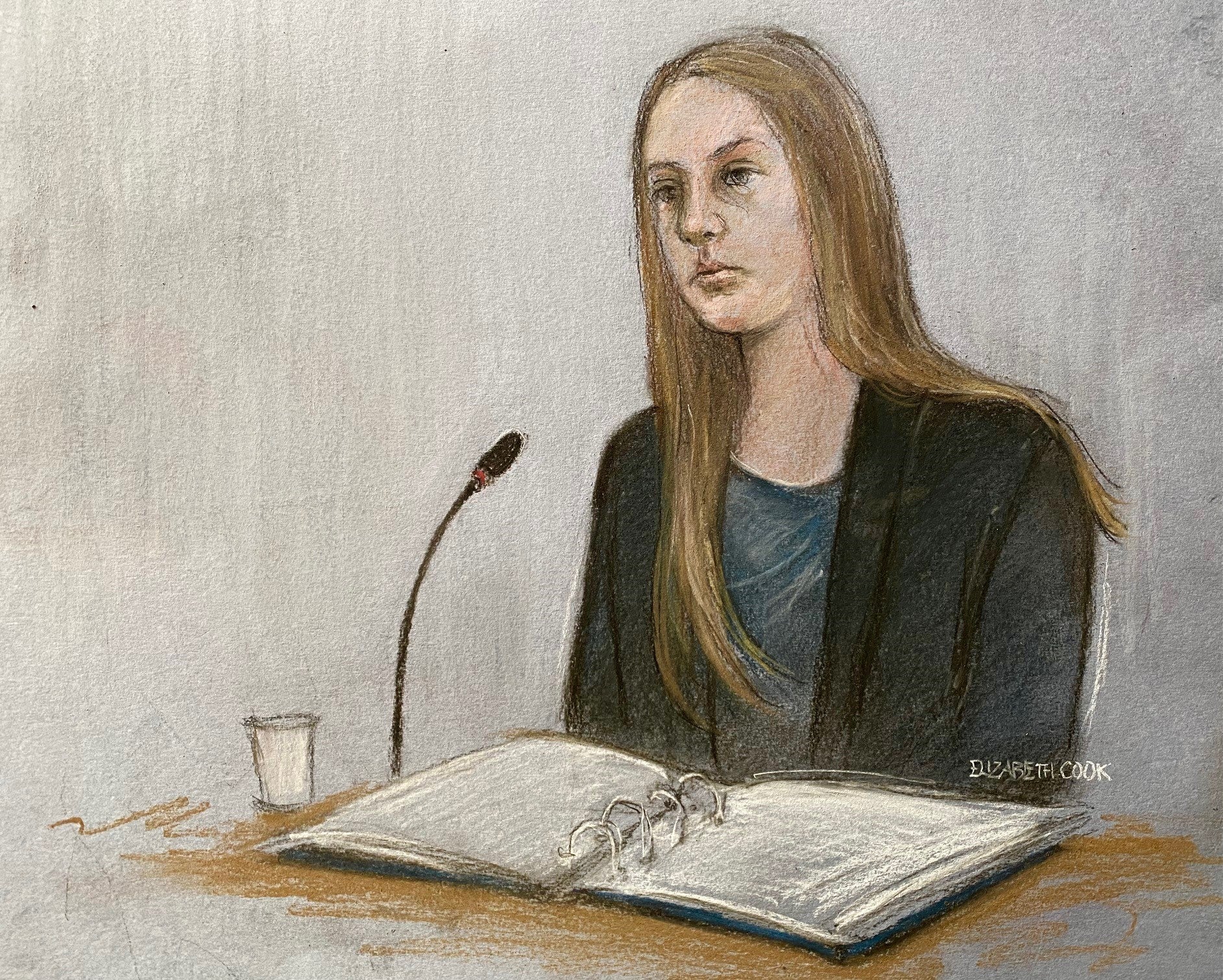 An artist’s drawing of Lucy Letby giving evidence during her trial at Manchester Crown Court