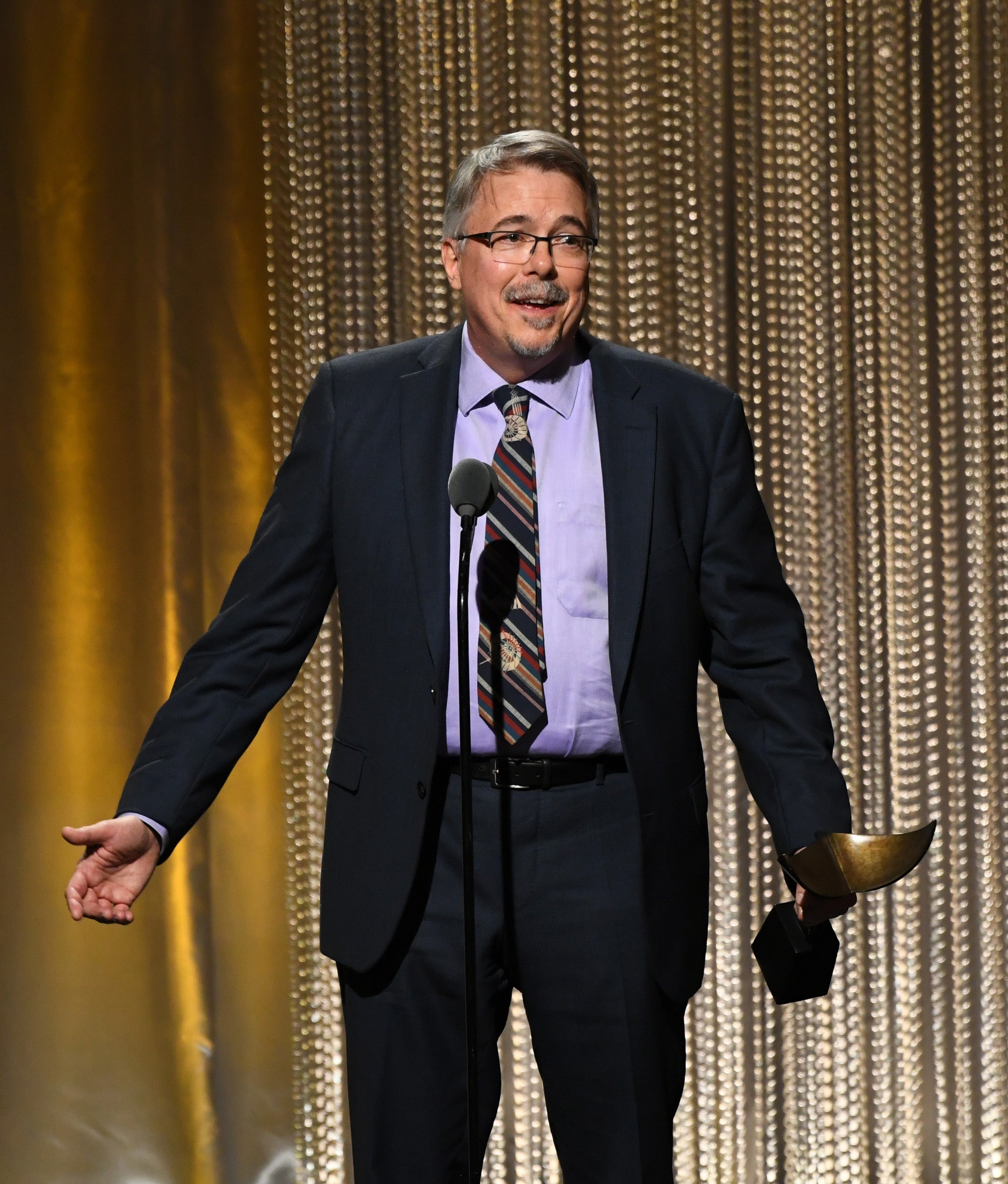 Vince Gilligan speaking at the 2025 WGAs in Beverly Hills