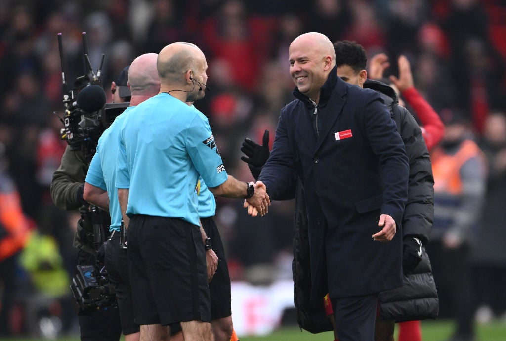 Slot was able to smile after the full-time fury of Wednesday’s derby at Goodison