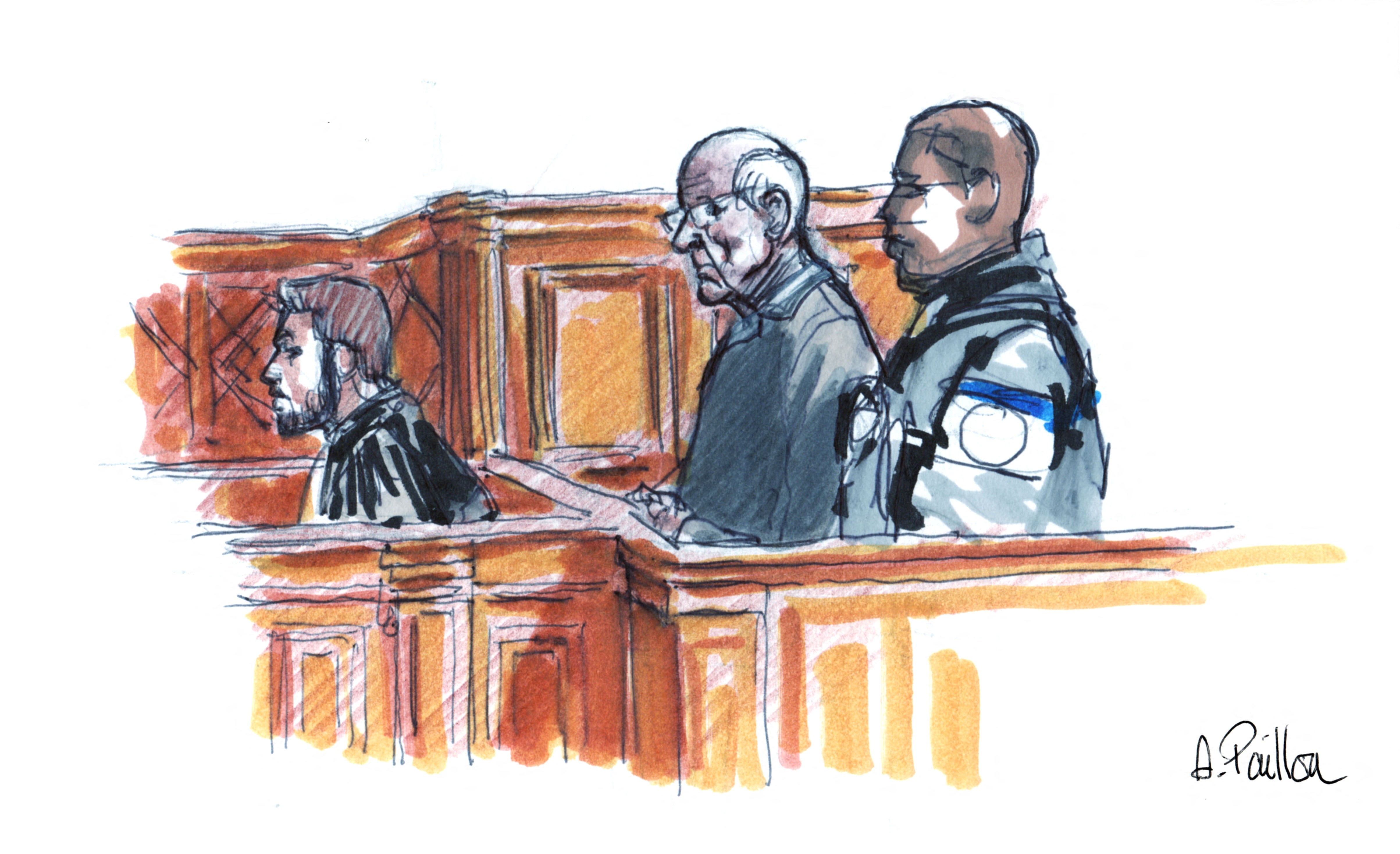 French ex-surgeon Joel Le Scouarnec, accused of the aggravated rape and sexual assault against hundreds of children during three decades, is seen during his trial at the courthouse in Saintes, France, March 3, 2020 in this courtroom sketch.