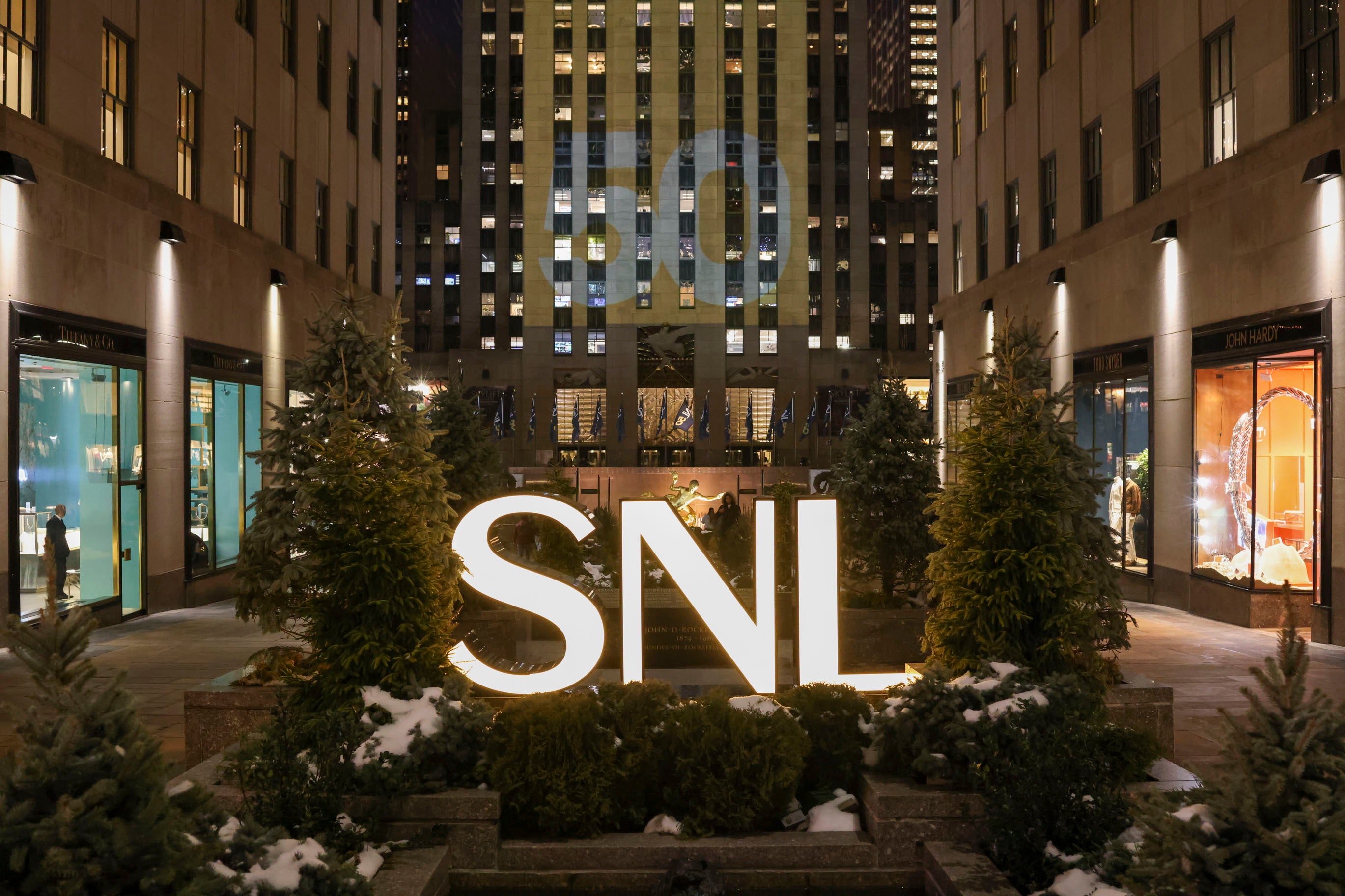 Projections and lights commemorating Saturday Night Live's 50th anniversary are displayed at Rockefeller Center in New York