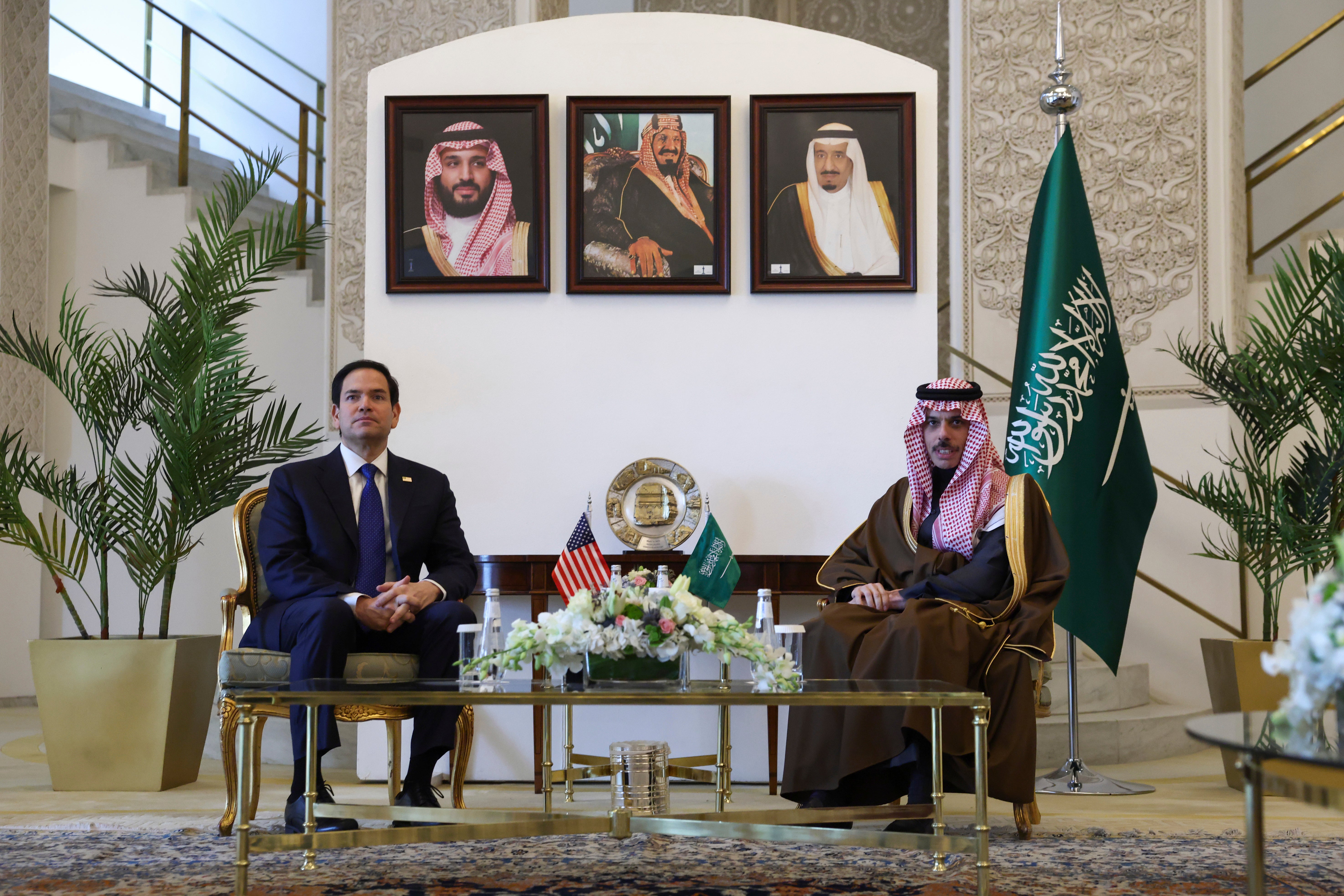 U.S. Secretary of State Marco Rubio, left, meets with Saudi Foreign Minister Prince Faisal bin Farhan Al Saud in Riyadh, Saudi Arabia on Monday