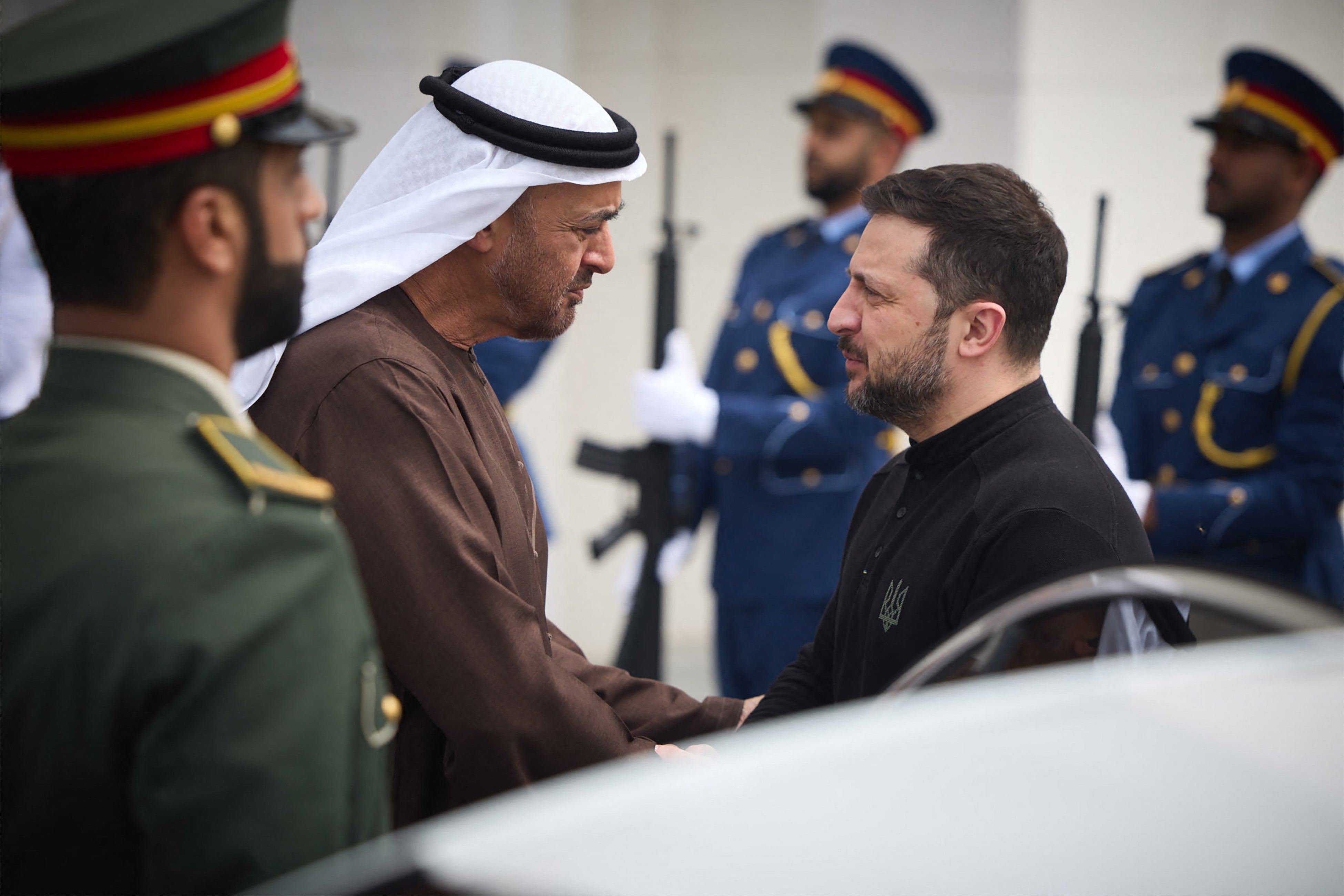 Ukraine's President Volodymyr Zelensky welcomed by UAE President Sheikh Mohamed bin Zayed al-Nahyan in Abu Dhabi on Monday