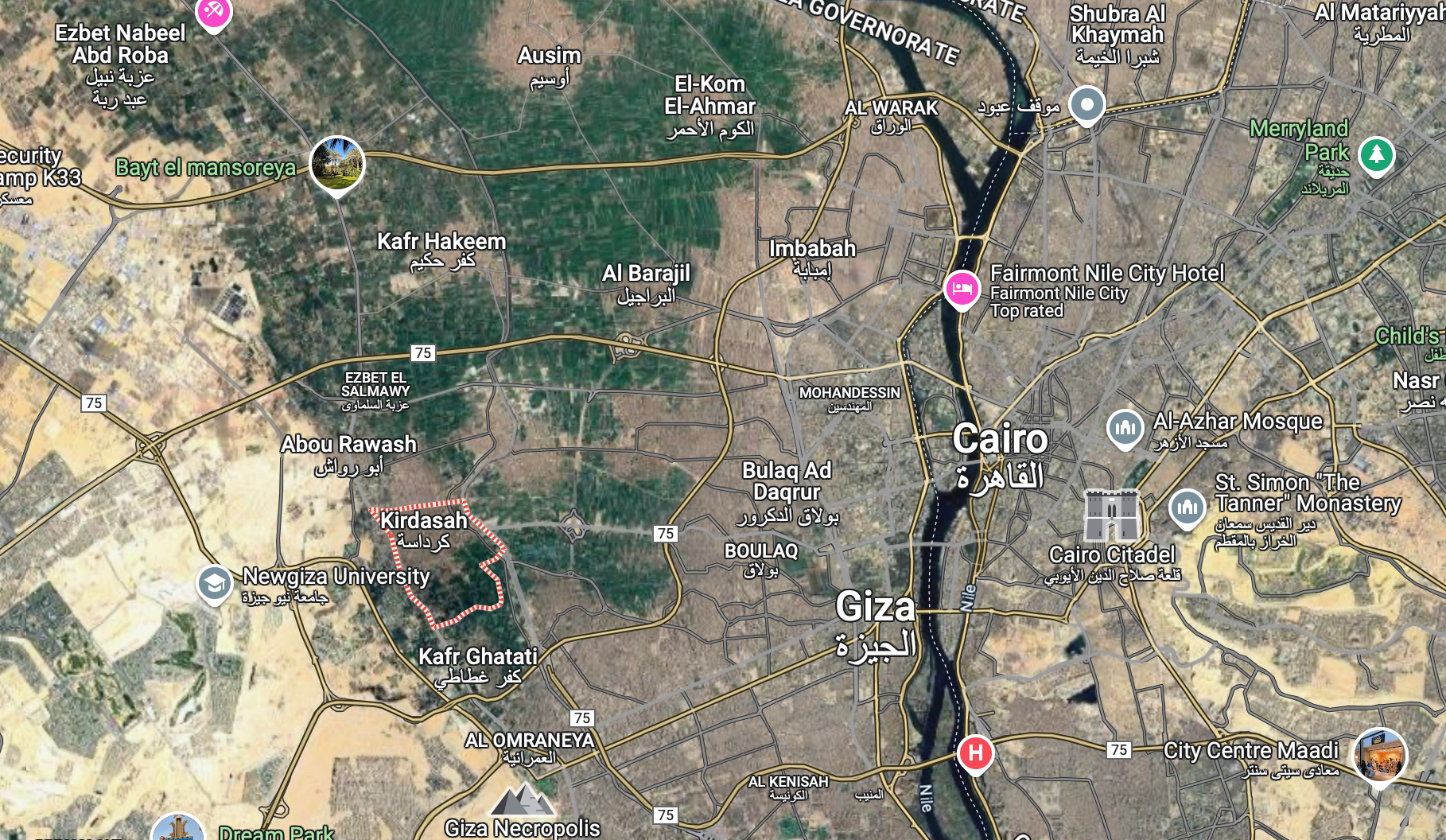 Kerdasa is to the west of Greater Cairo