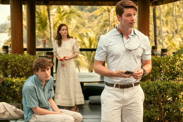 <p>Sam Nivola, Sarah Catherine Hook and Patrick Schwarzenegger star in The White Lotus season three </p>