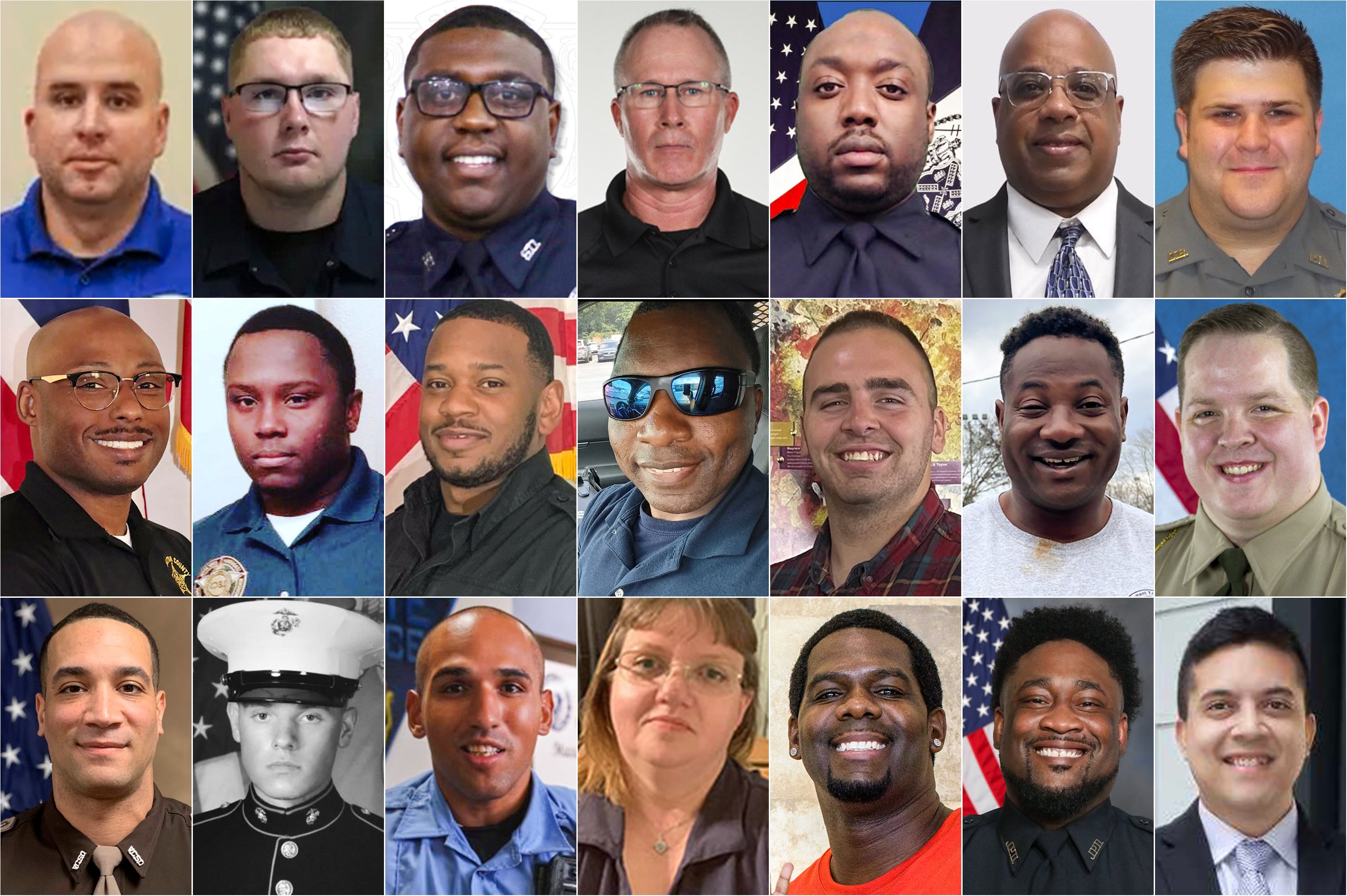 This combination of images shows, top row, from left, Christopher David Murray, Cody Olafson, Cornelius Anderson, Timothy Guyer, Edgar Ordonez, Kevin Reaux, Thomas Coulter, second row, Marcus Zeigler, Mulwa Sumbi, Patrick Dupree, Ronald Donat, William "Tex" Bailey, Wisbens Antoine, Spencer Englett, bottom row, Asson Hacker, Donald Fredenburg Jr., Enrique Delgado-Garcia, Michelle Strube, Marquis Kennedy, Vincent Parks and Andrew Sockwell. (Frisco Police Department, U.S. Customs and Border Protection, Harris County Sheriff's Office, Indiana Law Enforcement Academy, New York City Police Department, Bexar County Sheriff's Office, Daytona Beach Police Department, Hamilton County Sheriff’s Office, Law Enforcement Candidates Scholars' Program, Georgia State Patrol, Sharline Volcy, Kentucky Department of Fish and Wildlife, Knoxville Police Department, Forsyth County Sheriff's Department, Vanderburgh County Sheriff's Office, U.S. Marine Corps, Massachusetts State Police, Texas Department of Criminal Justice, Cassidy Hill, Jonesboro Police Department, City of Plano via AP)