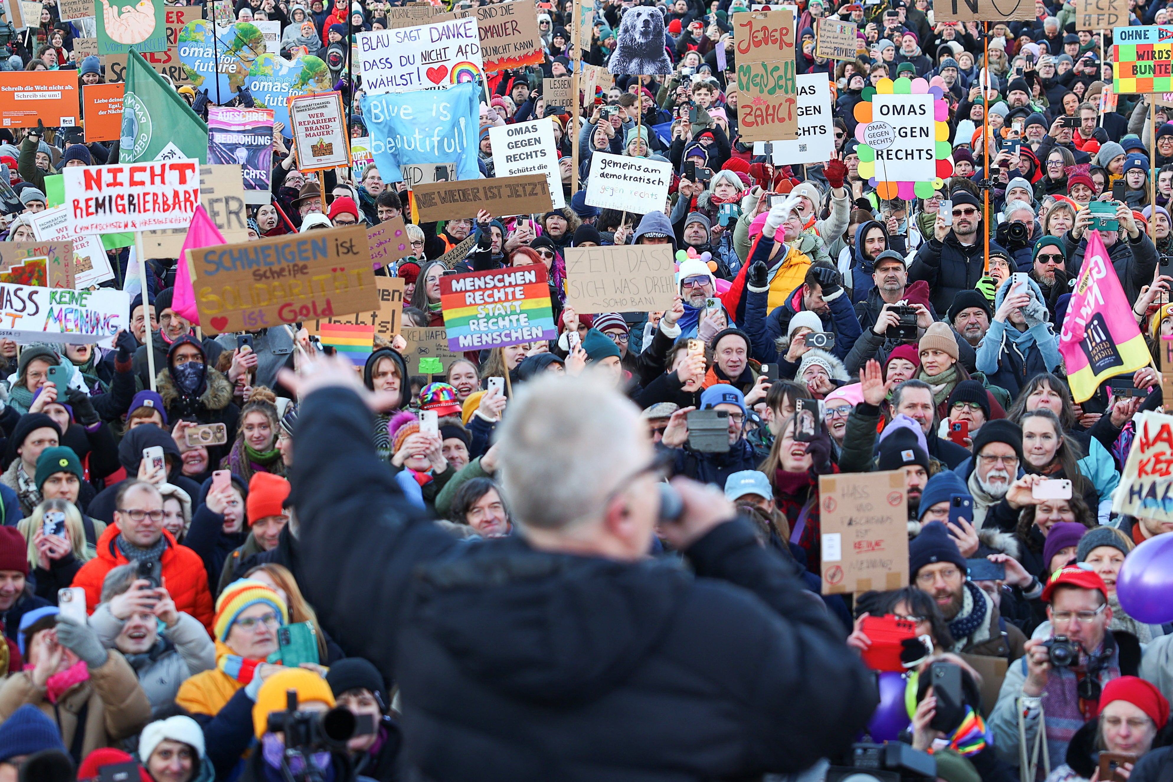 German singer and musician Herbert Groenemeyer attends a protest against right-wing extremism, racism, antisemitism and queerphobia and for social justice, fair working conditions, climate protection and responsible international politics ahead of the upcoming general election