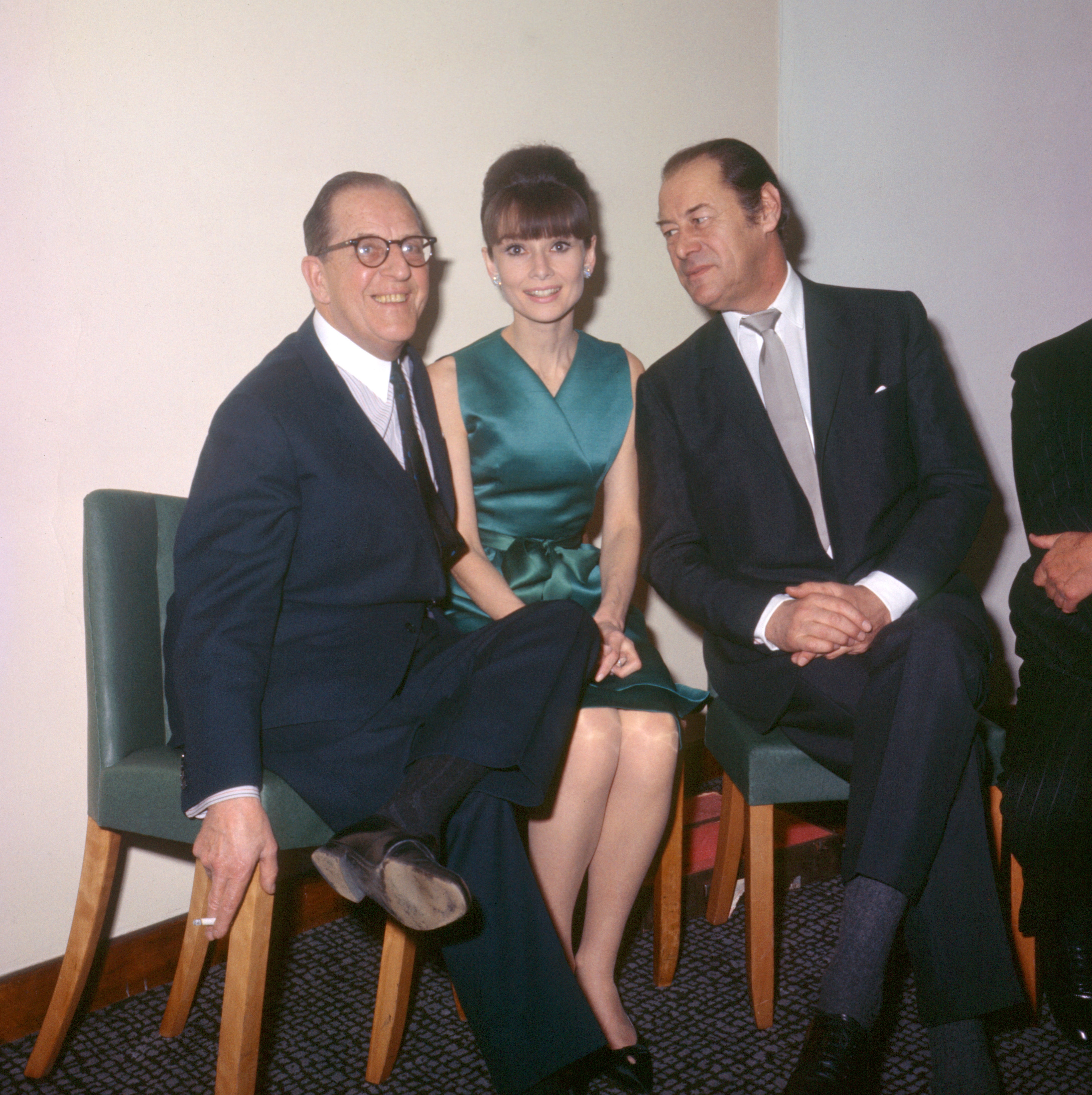 Actress Audrey Hepburn with My Fair Lady co-stars Stanley Holloway, father of Julian, and Rex Harrison