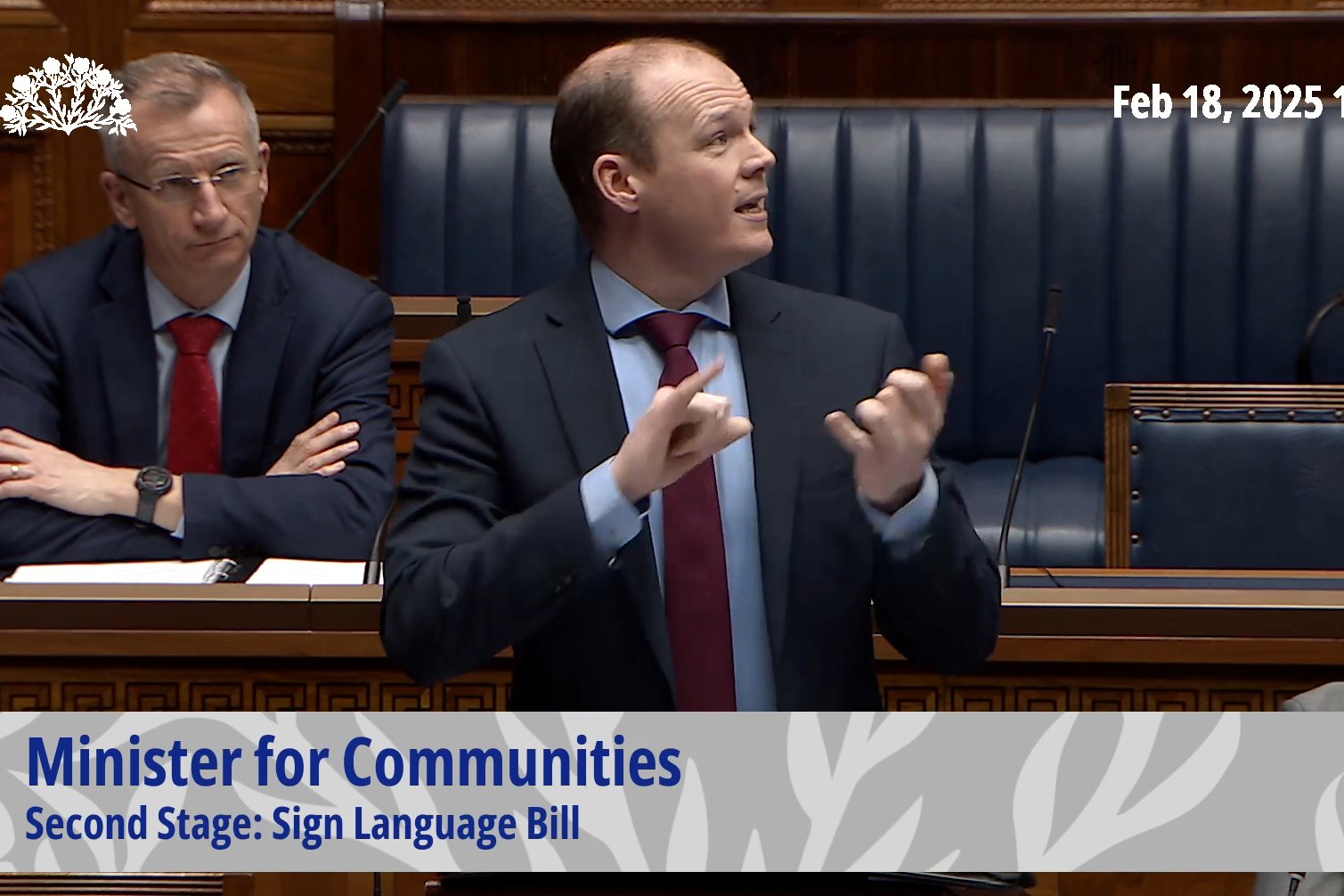 Stormont Communities Minister Gordon Lyons communicates in sign language in the Northern Ireland Assembly chamber (NI Assembly/PA)
