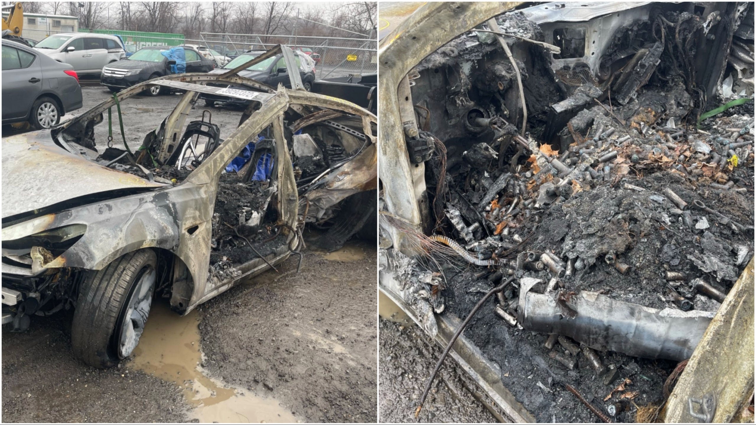 The charred remains of a New Jersey man's Tesla who died following a crash and deadly battery fire
