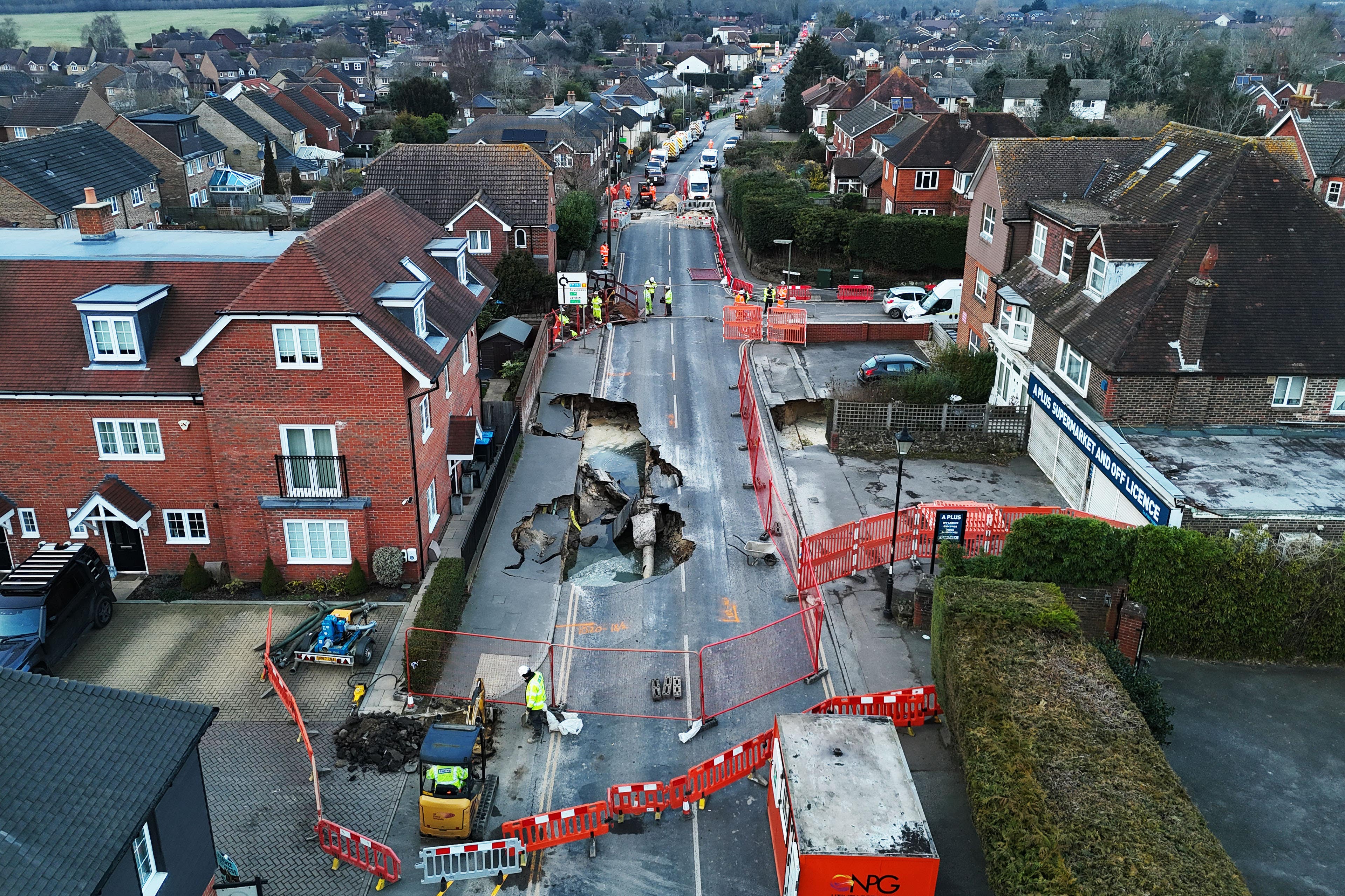 The scene in Godstone after a sinkhole appeared on Monday night (Jonathan Brady/PA)