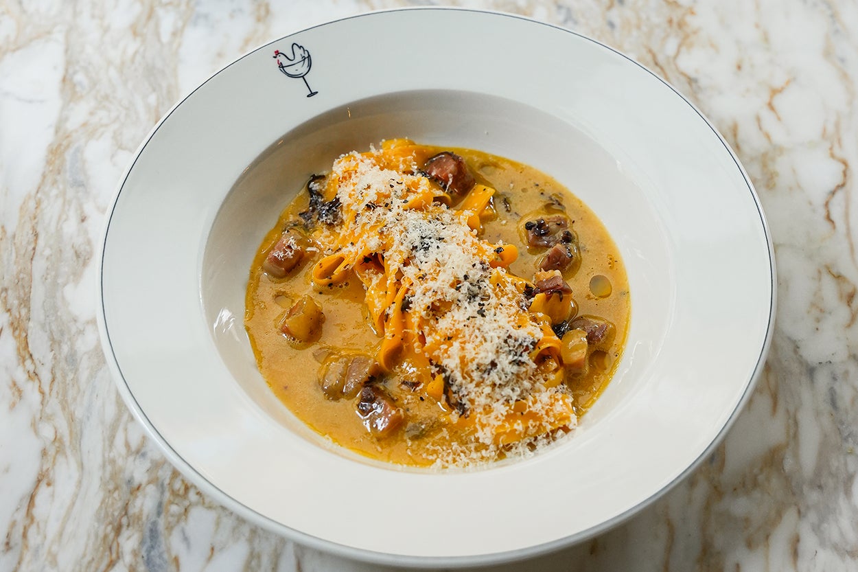 A carbonara with a British accent – Old Winchester and pepper dulse bring a bold twist to this Italian classic