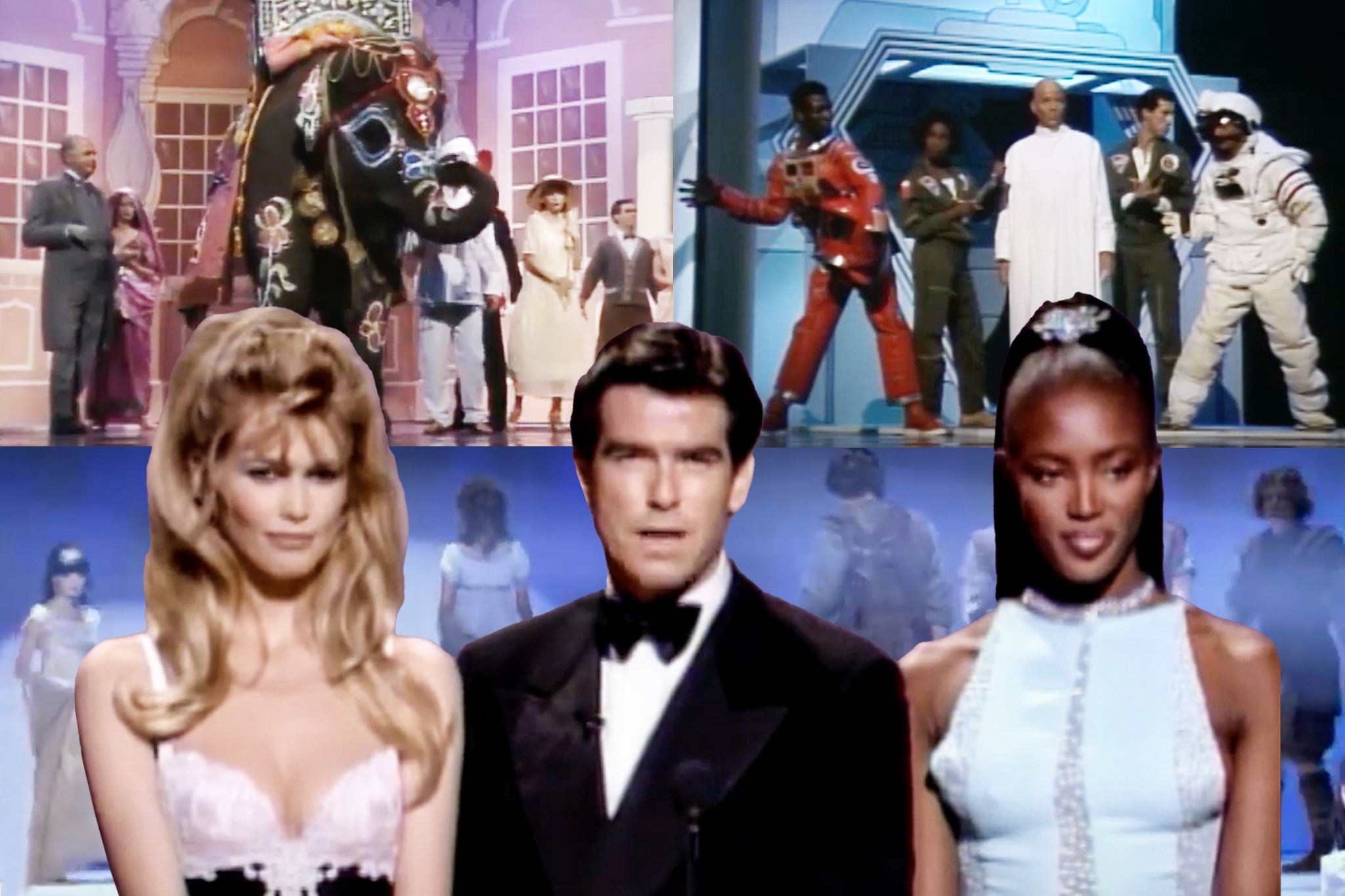 <p>Strike a pose: Claudia Schiffer, Pierce Brosnan and Naomi Campbell present the Costume Design award at the 1996 Oscars </p>