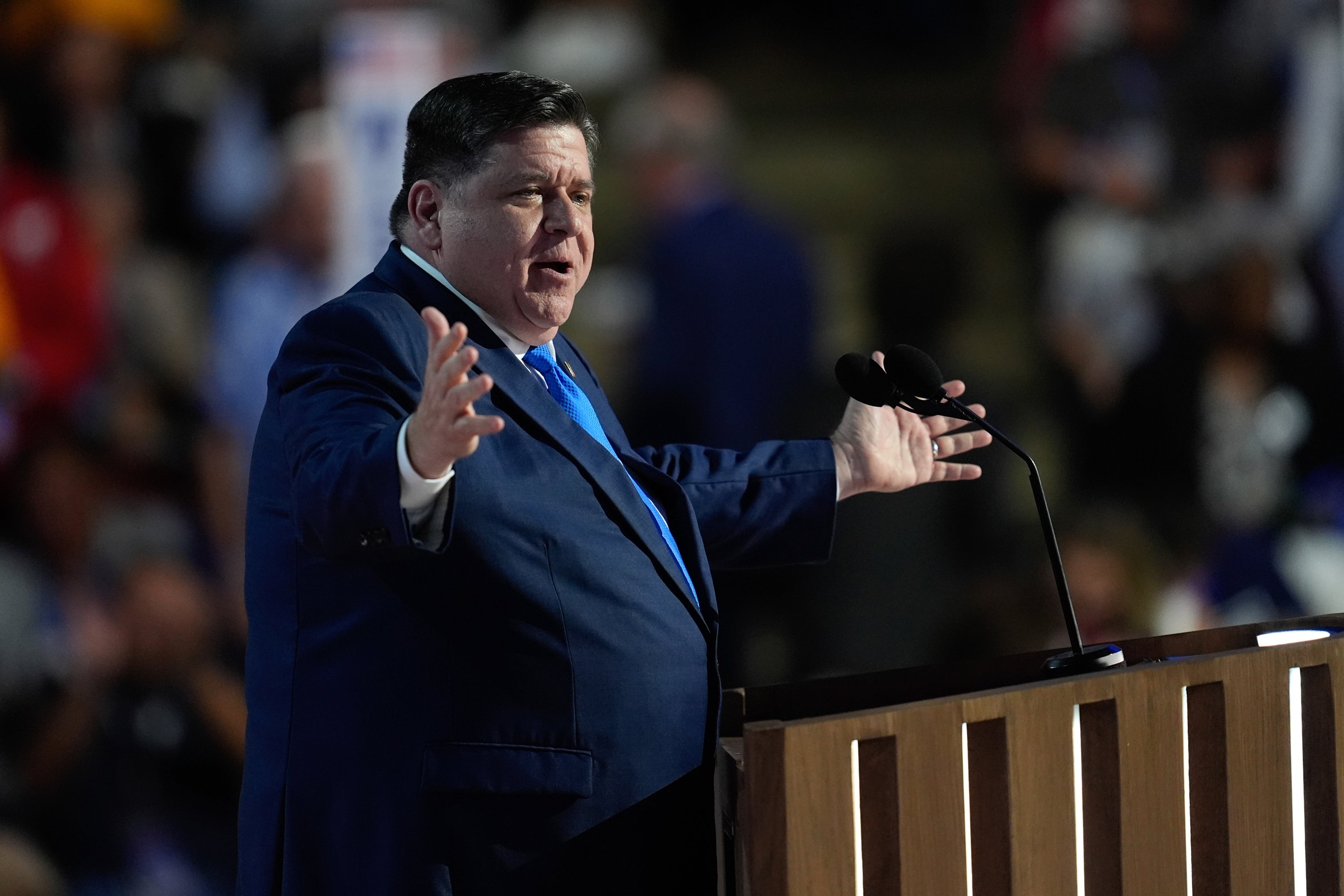 Illinois Governor JB Pritzker speaks at last year’s Democratic National Convention in Chicago