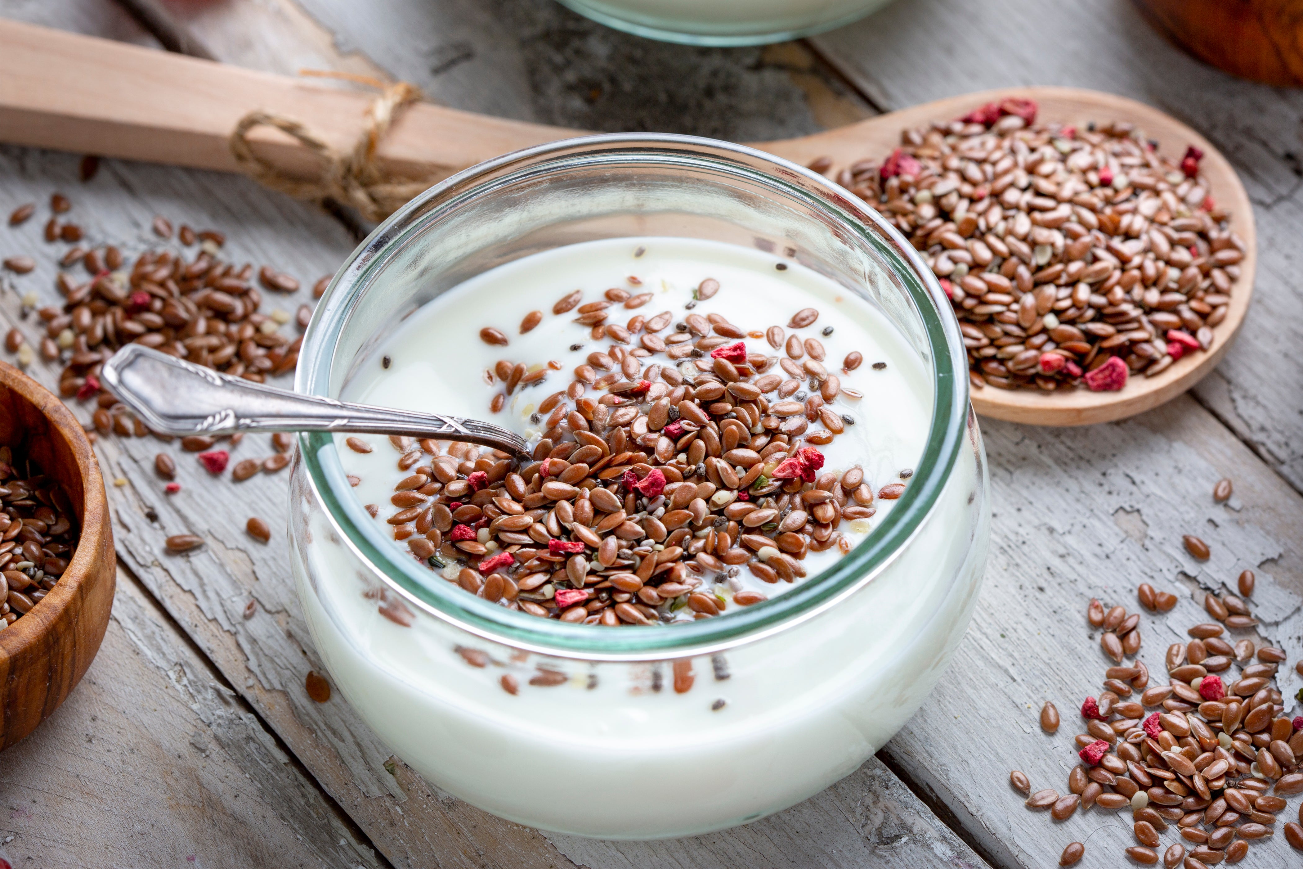Flaxseeds are a great choice to increase fibre intake as they’re easier on the gut