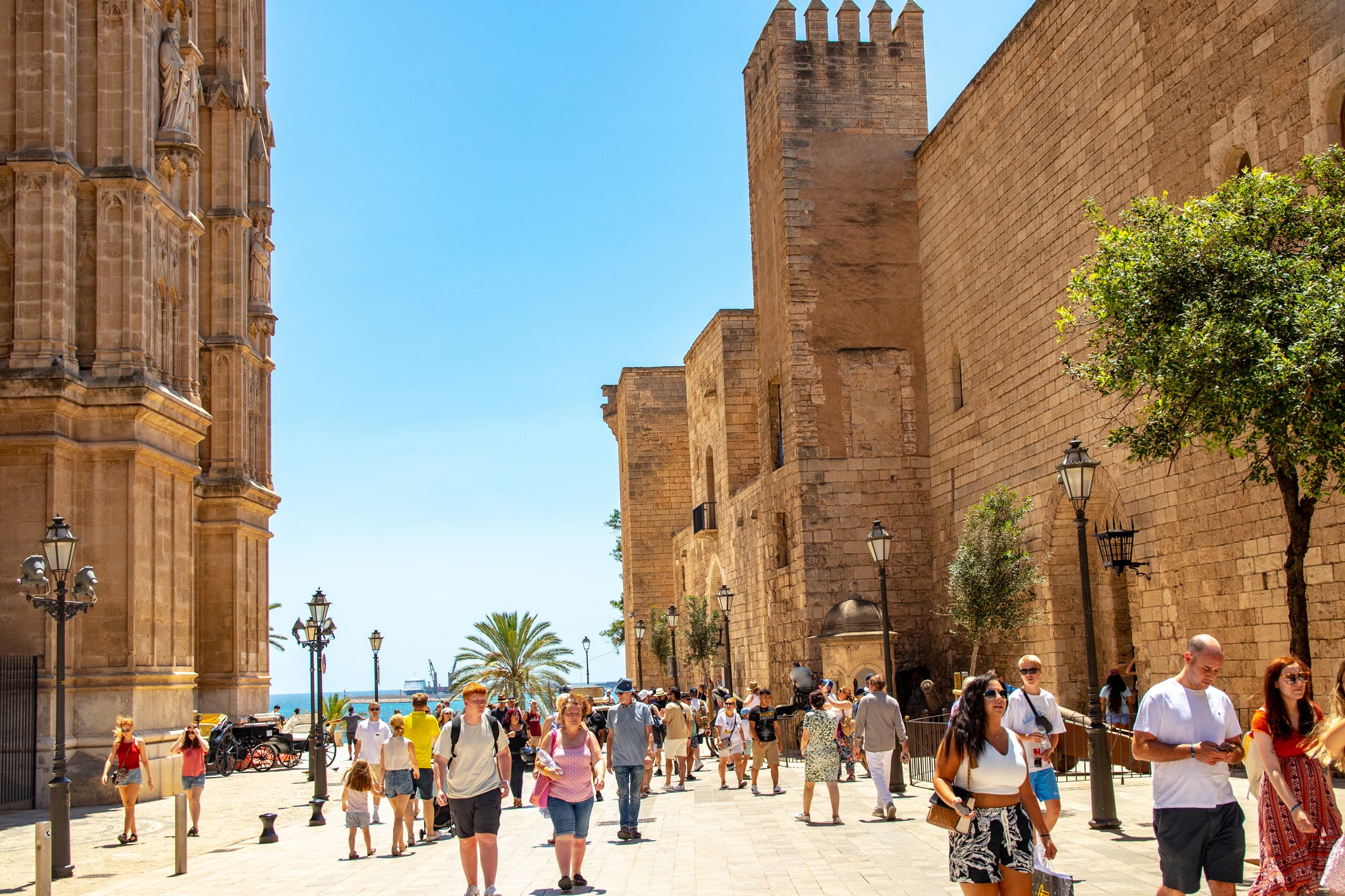 Tourists visiting the cathedral of the Holy Mary in Palma, Mallorca