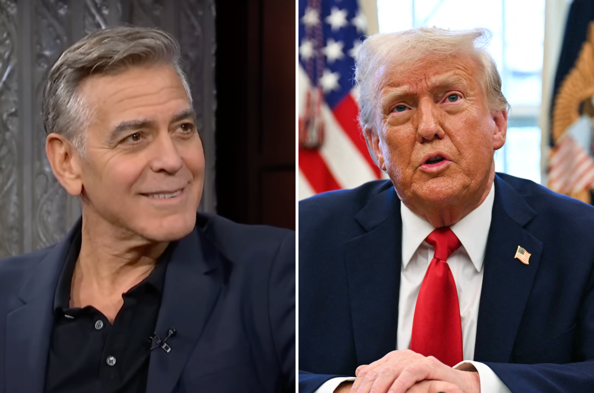 George Clooney (left) issued a message to Donald Trump while appearing on ‘The Late Show with Stephen Colbert’