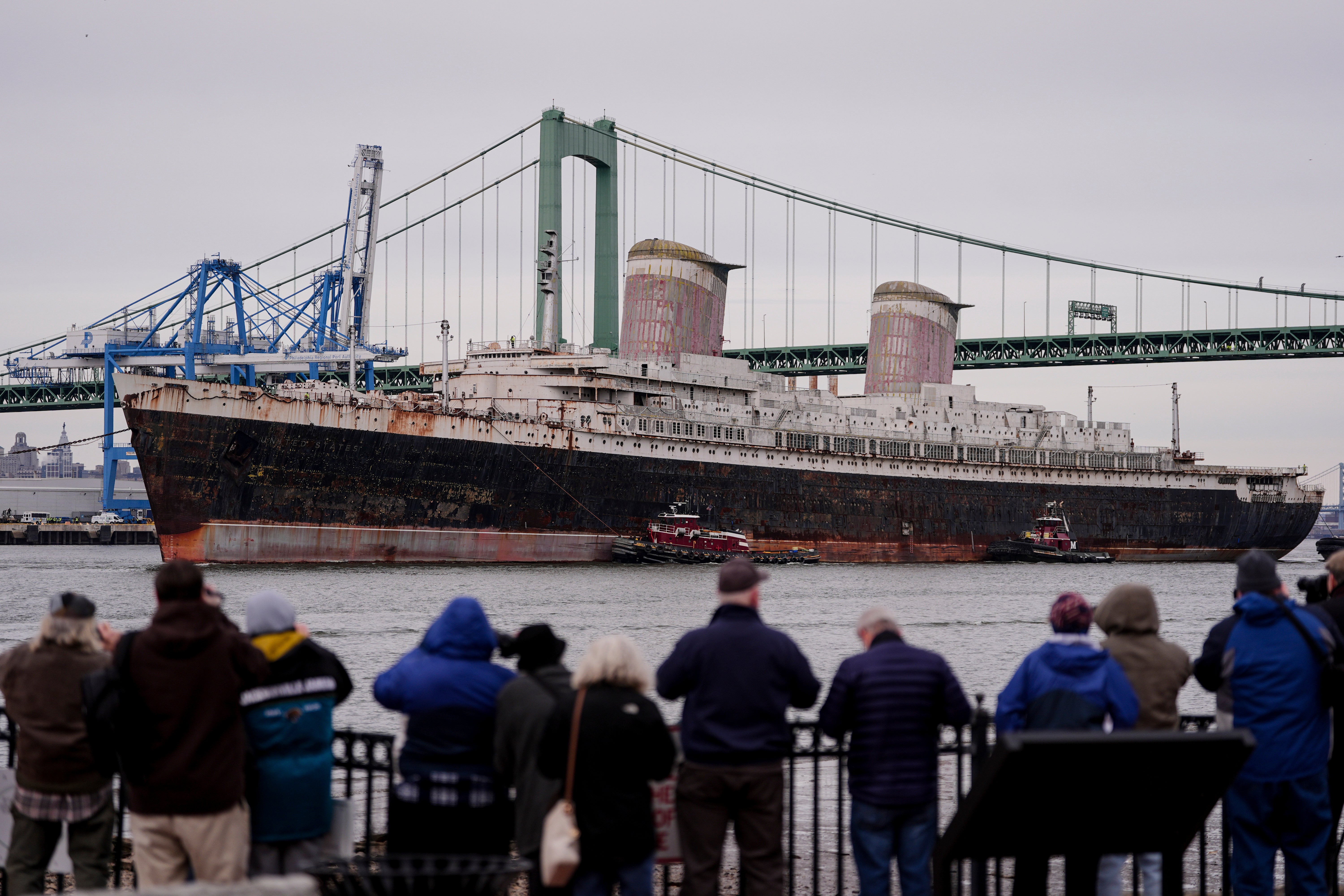 The SS United States was towed down the Delaware River between Pennsylvania and New Jersey in February