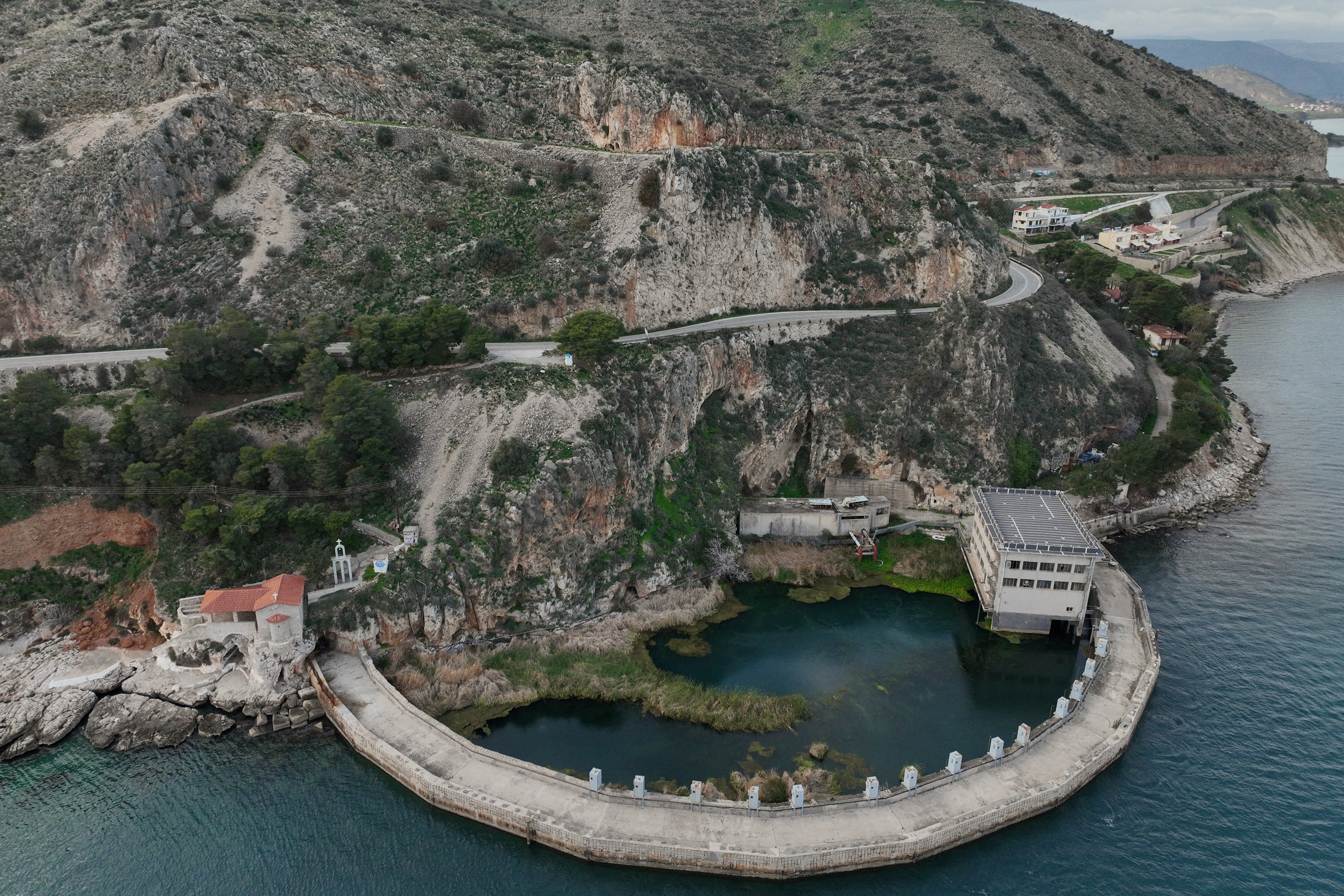 A drone view of the facilities at the Anavalos submarine spring in the Argolida region, near Kiveri, Greece, February 3