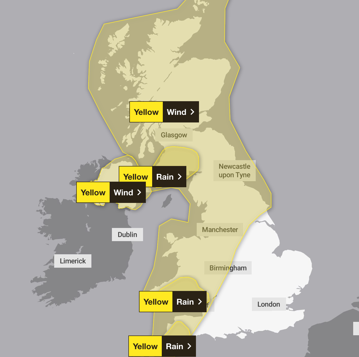 Wind and rain warnings are scattered across the UK on Sunday