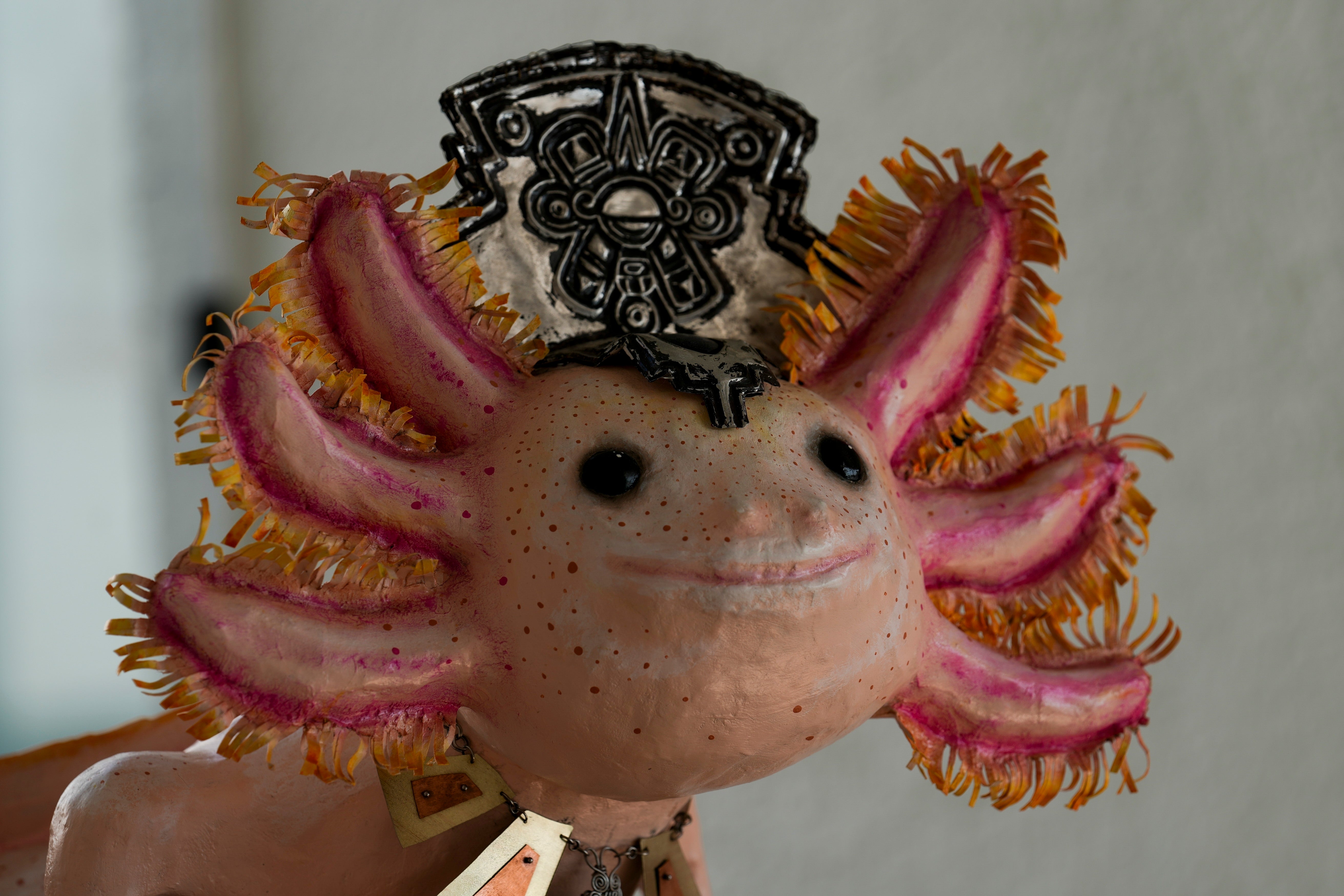 <p>A figure of an axolotl sits on display at a museum in Xochimilco Ecological Park, in Mexico City</p>