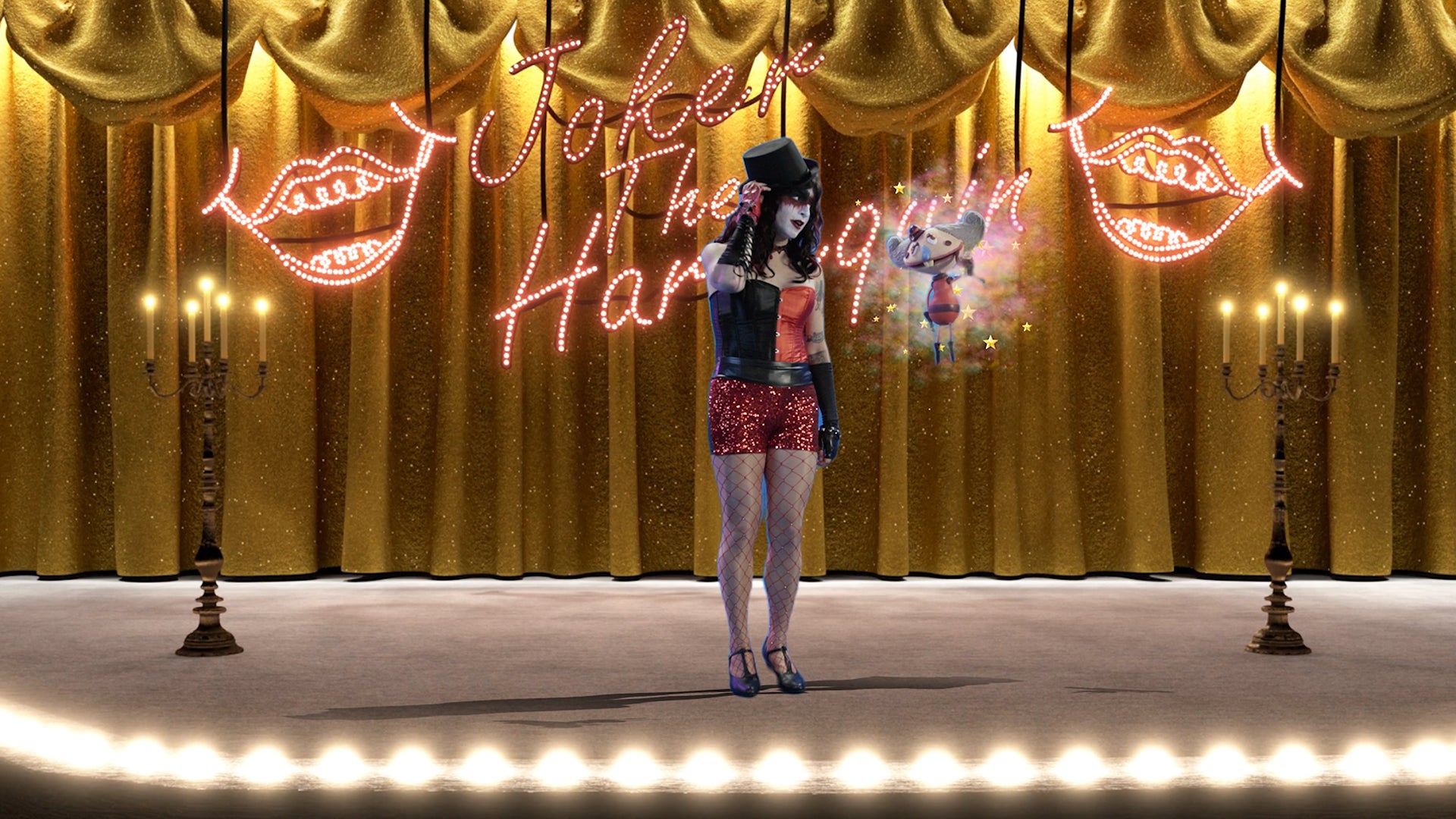 Drew with Mx Mxyzptlk, an animated singing character voiced by Ember Knight