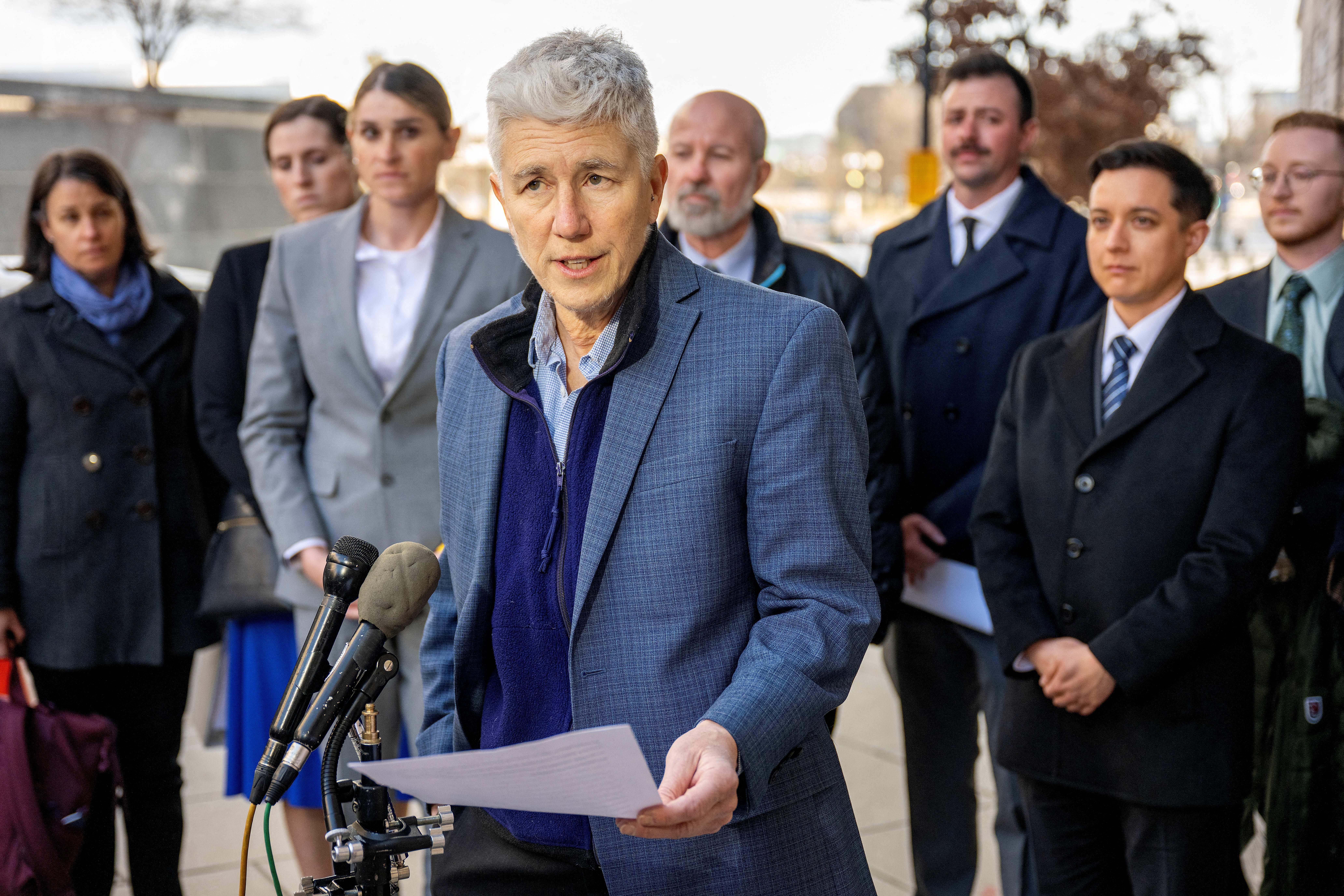 Jennifer Levi, senior director of queer and transgender rights at GLAD Law, speaks to reporters in Washington, D.C. after arguing for a judge to issue a preliminary injunction against Trump’s ban on trans military service members