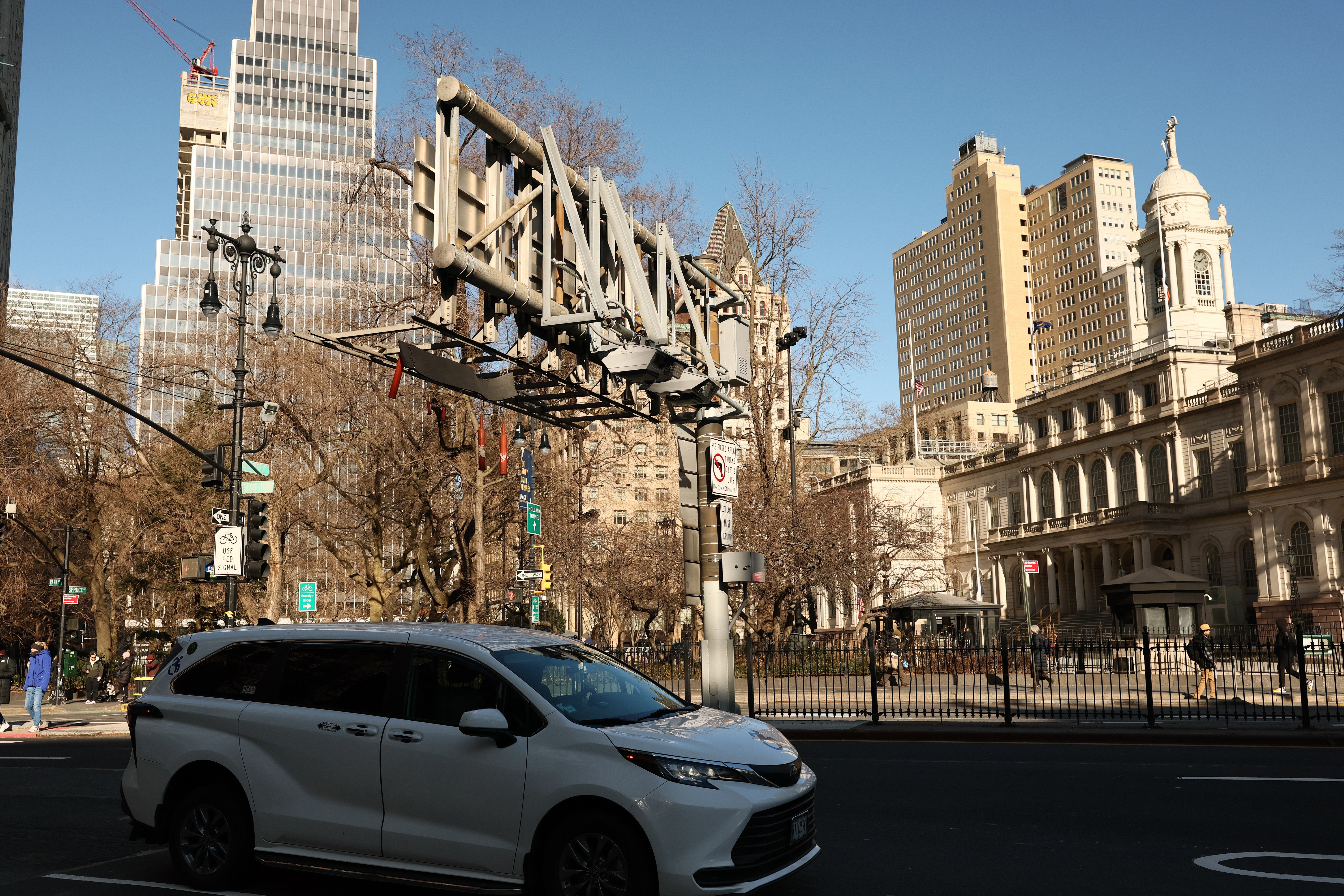 E-ZPass readers and licence plate-scanning cameras are seen connected Park Row successful New York City