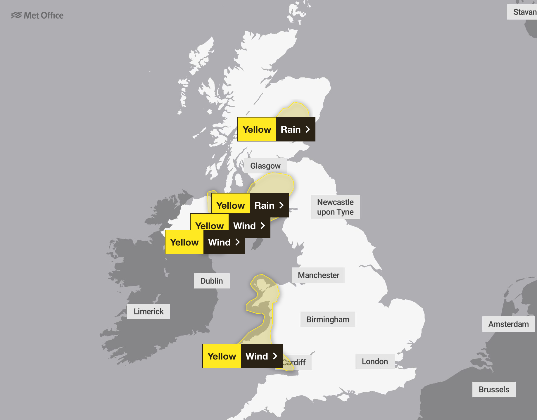 Wind and Rain warnings are scattered across the western coastal lines of the country for Friday