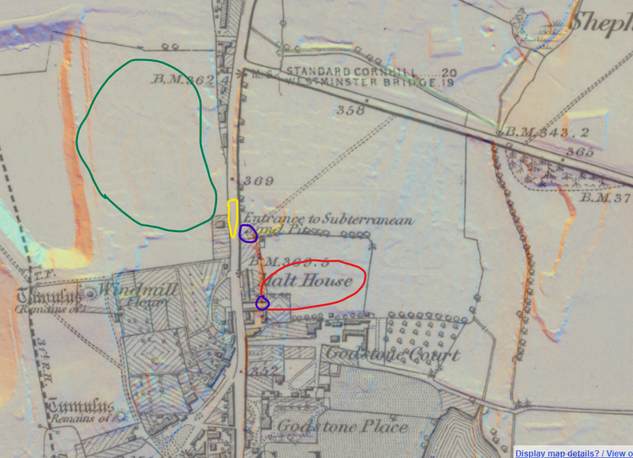 Maps of the area published in 1872 show the approximate location of the sinkhole, circled in yellow; the nearest historical mine entrances, circled in blue; the approximate area of the nearest known old mine, highlighted in red; and an old sand pit, circled in green