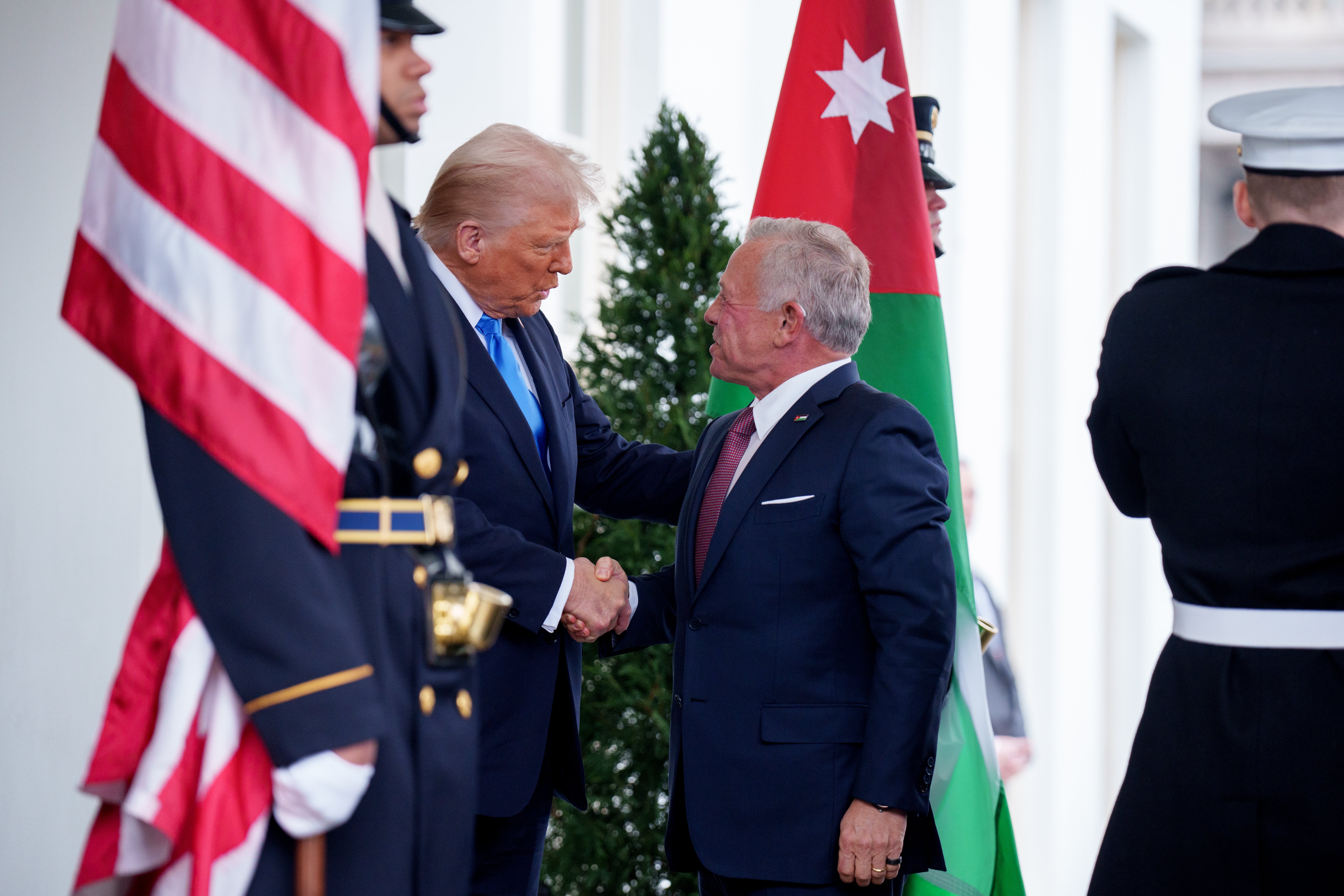 Trump greeting Jordan’s leader, Abdullah II bin Al-Hussein, who has recently affirmed his country’s support for Palestinians