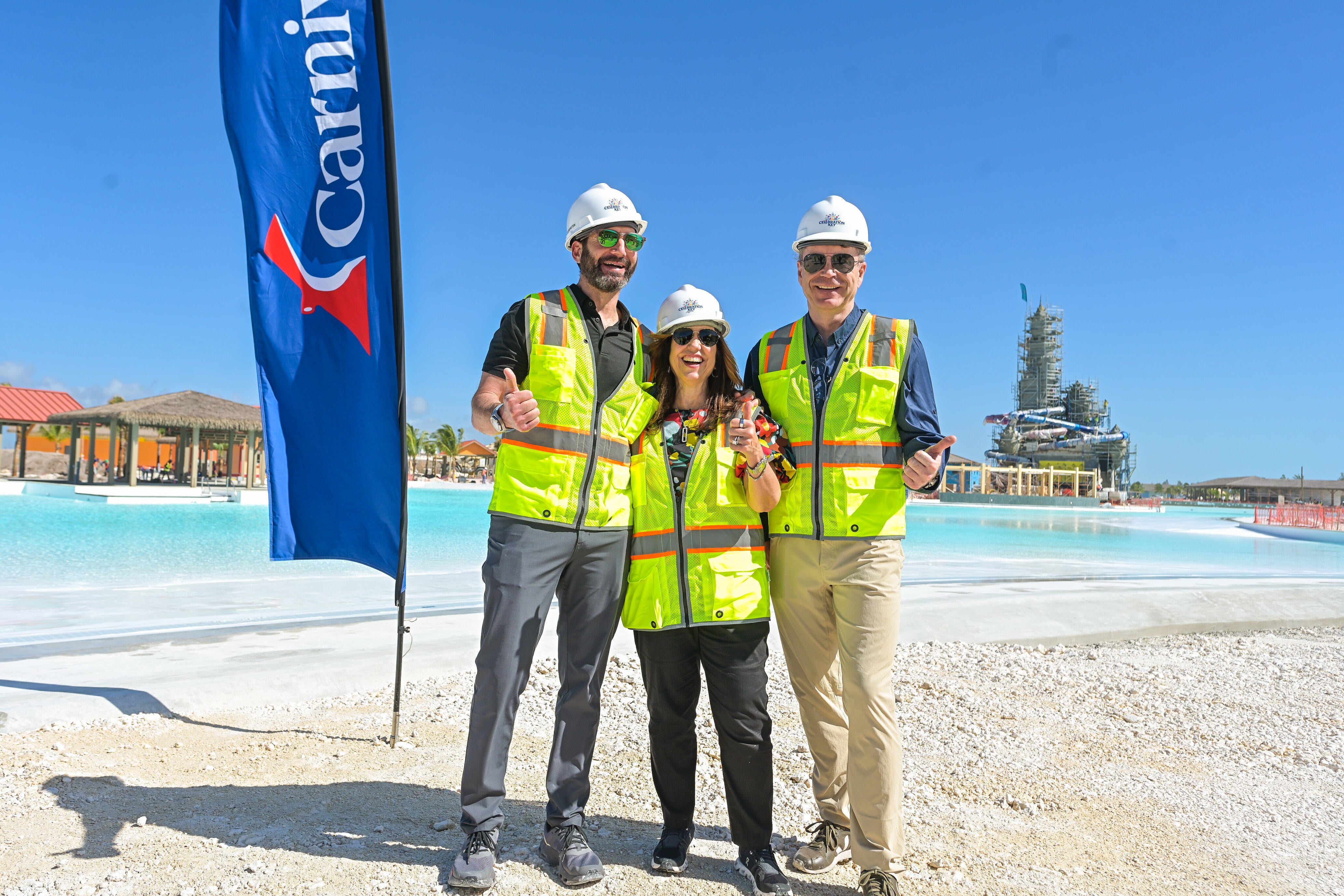 Left to right: Carnival Corporation chief executive Josh Weinstein, Carnival Cruise Line president Christine Duffy and chief maritime officer Lars Ljoen and tour Celebration Key