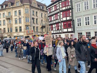 Counterprotesters march against the far right in Erhurt, where AfD held their election campaign finale on Saturday