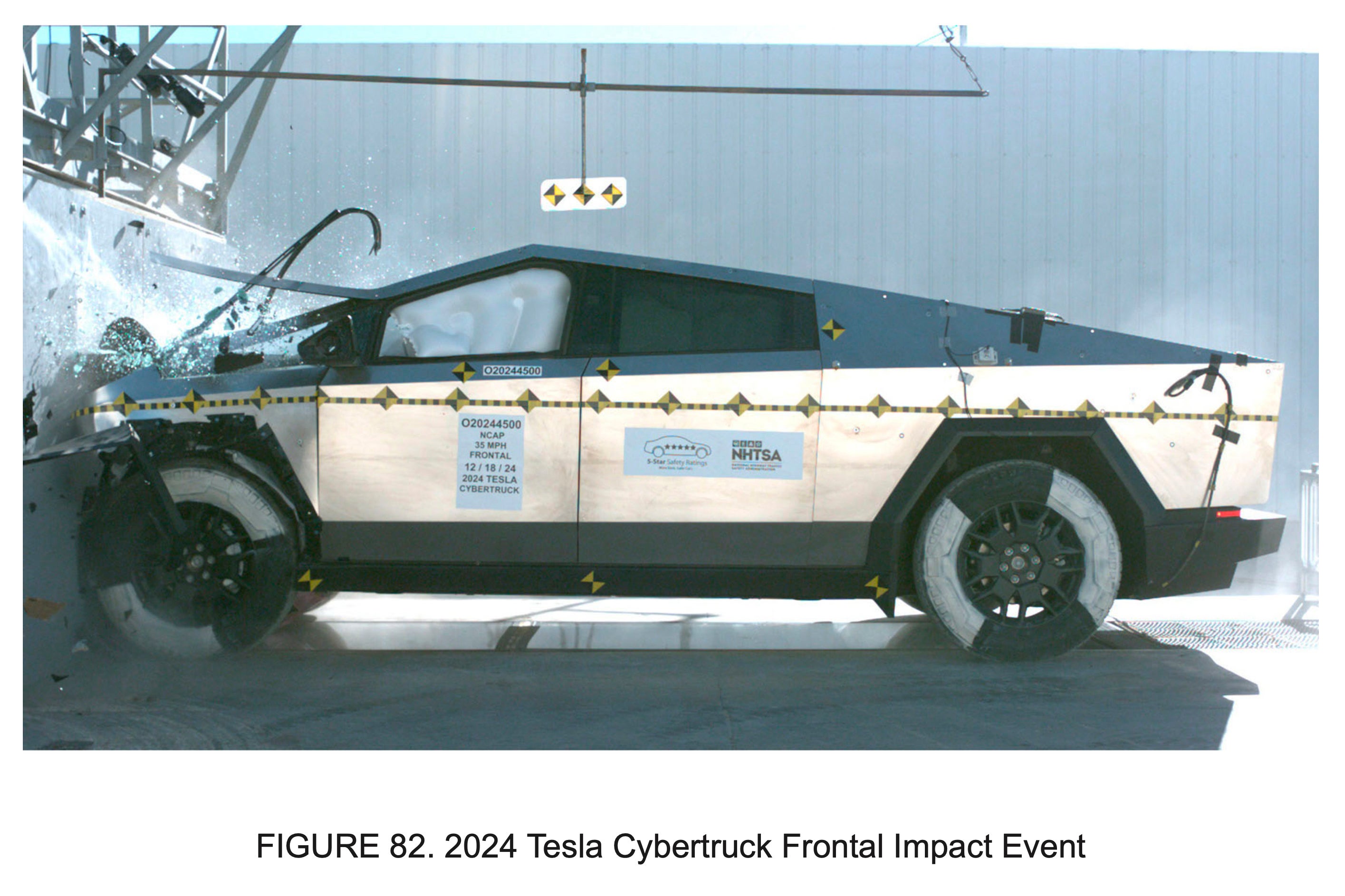 This image from a National Highway Traffic Safety Administration report released on Jan. 14, 2025 shows a crash test of a 2024 Tesla Cybertruck in Adelanto, Calif., on Dec. 18, 2024