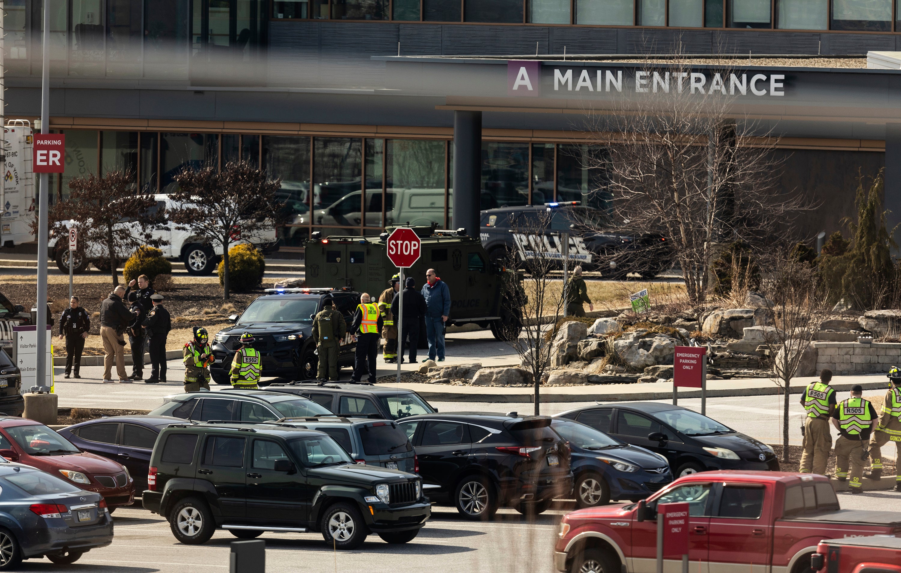 Law enforcement at the scene of the UPMC Memorial Hospital in York, Pa. on Saturday, Feb. 22, 2025. (Sean Simmers/The Patriot-News via AP)