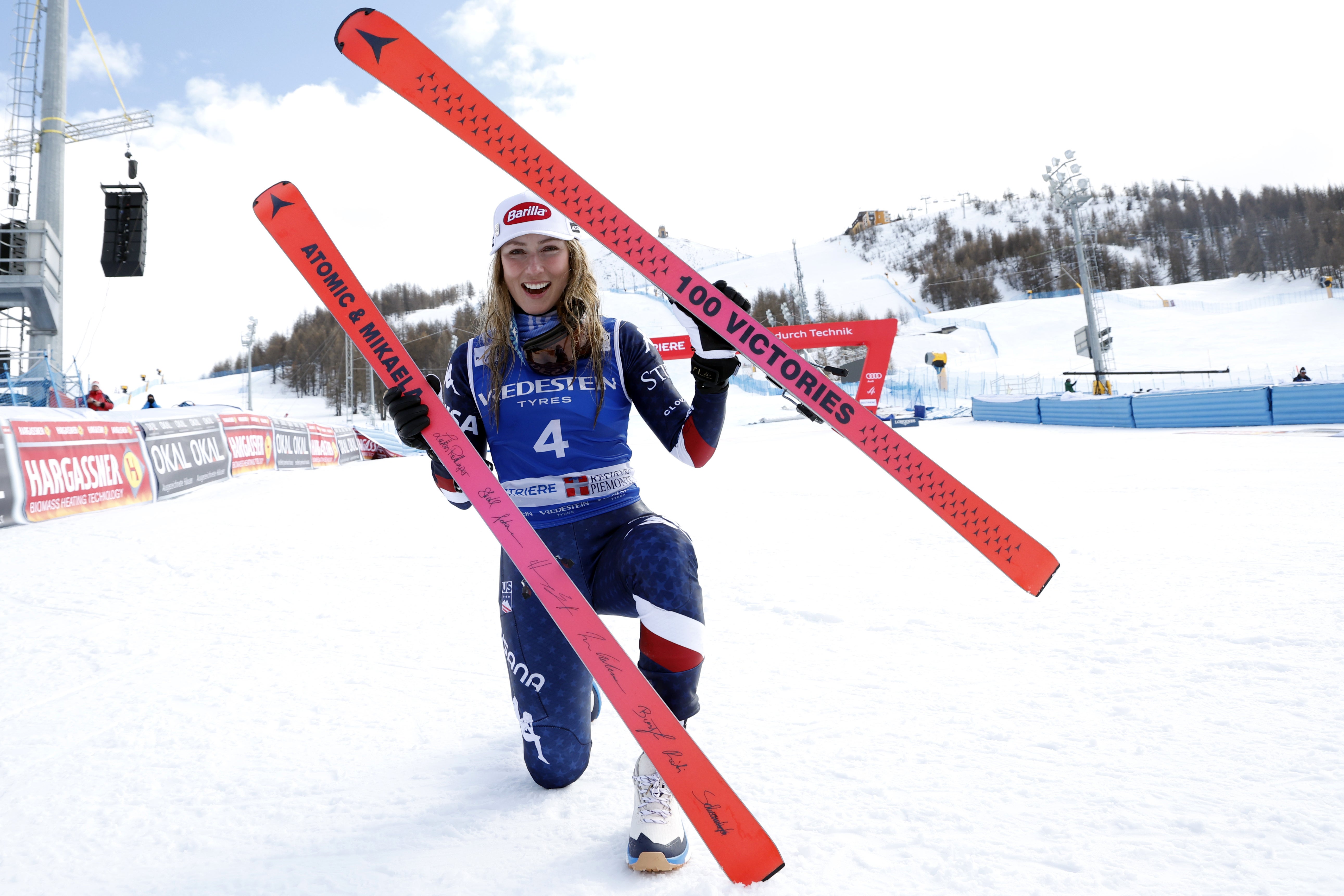 Mikaela Shiffrin secured her 100th World Cup win with victory in Sestriere