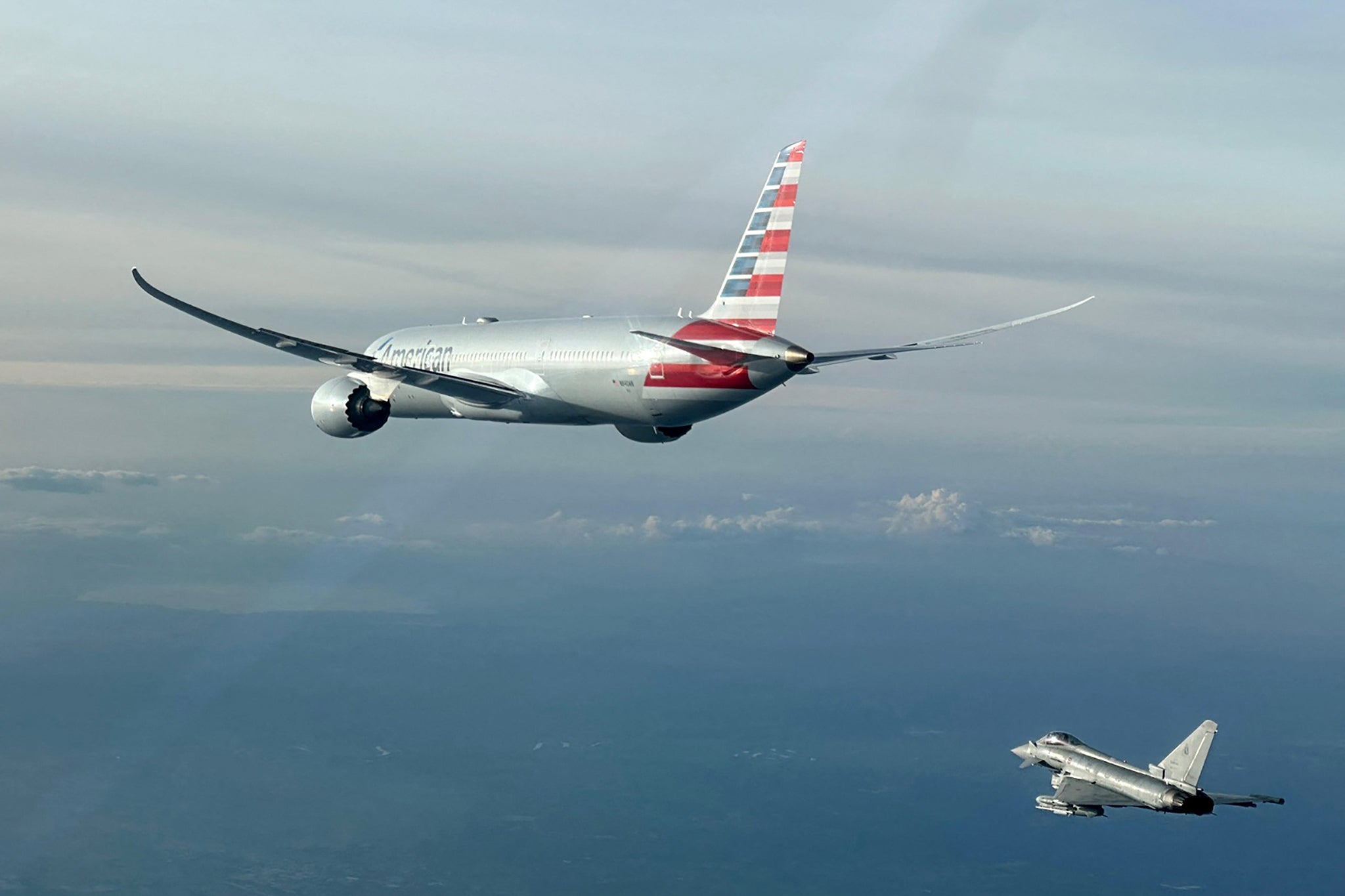 The American Airlines flight being escorted by an Eurofighter from the Italian Air Force