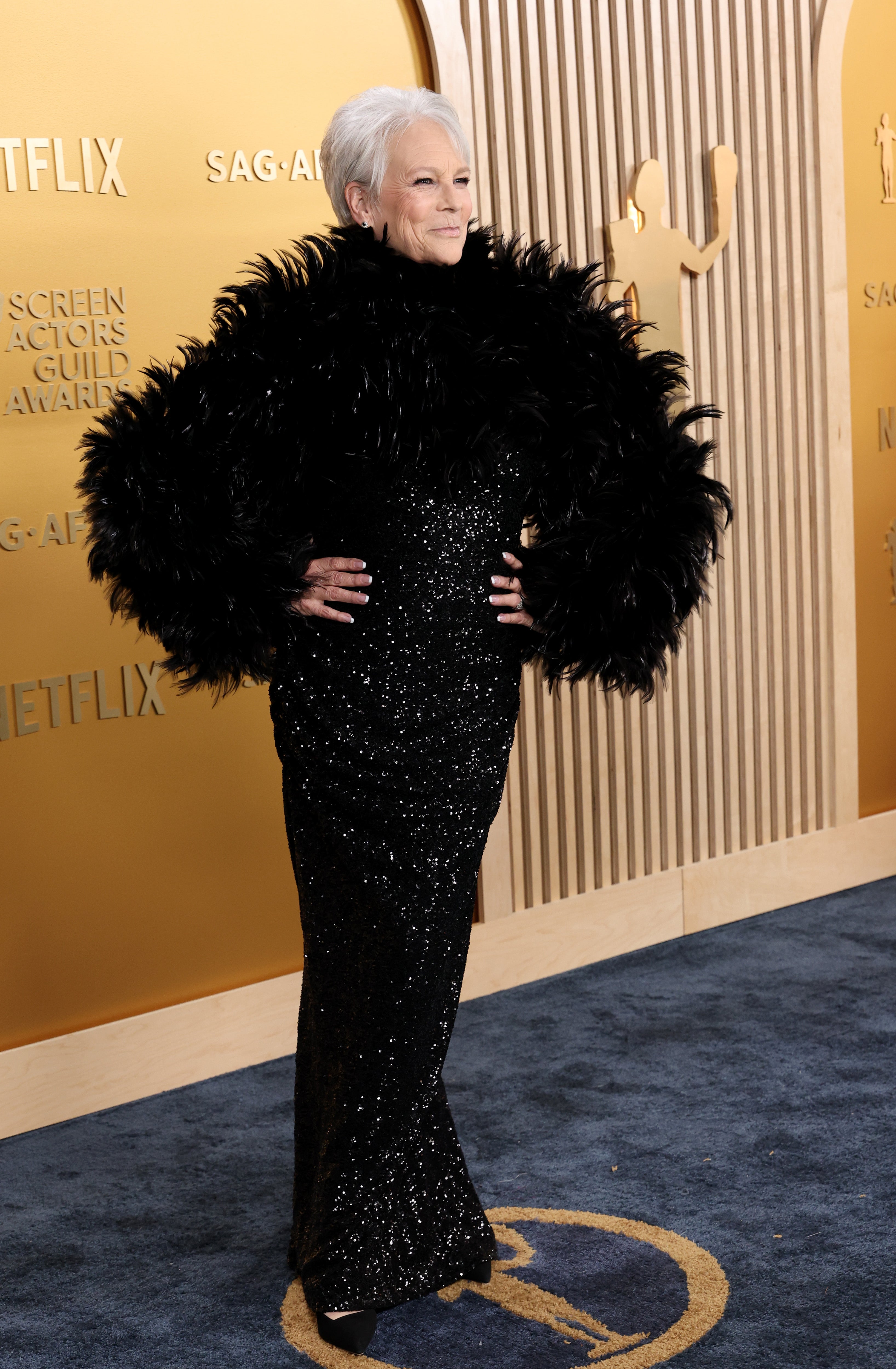 Curtis wore a Dolce & Gabbana gown, but the feathers proved a sticking point for many fans.