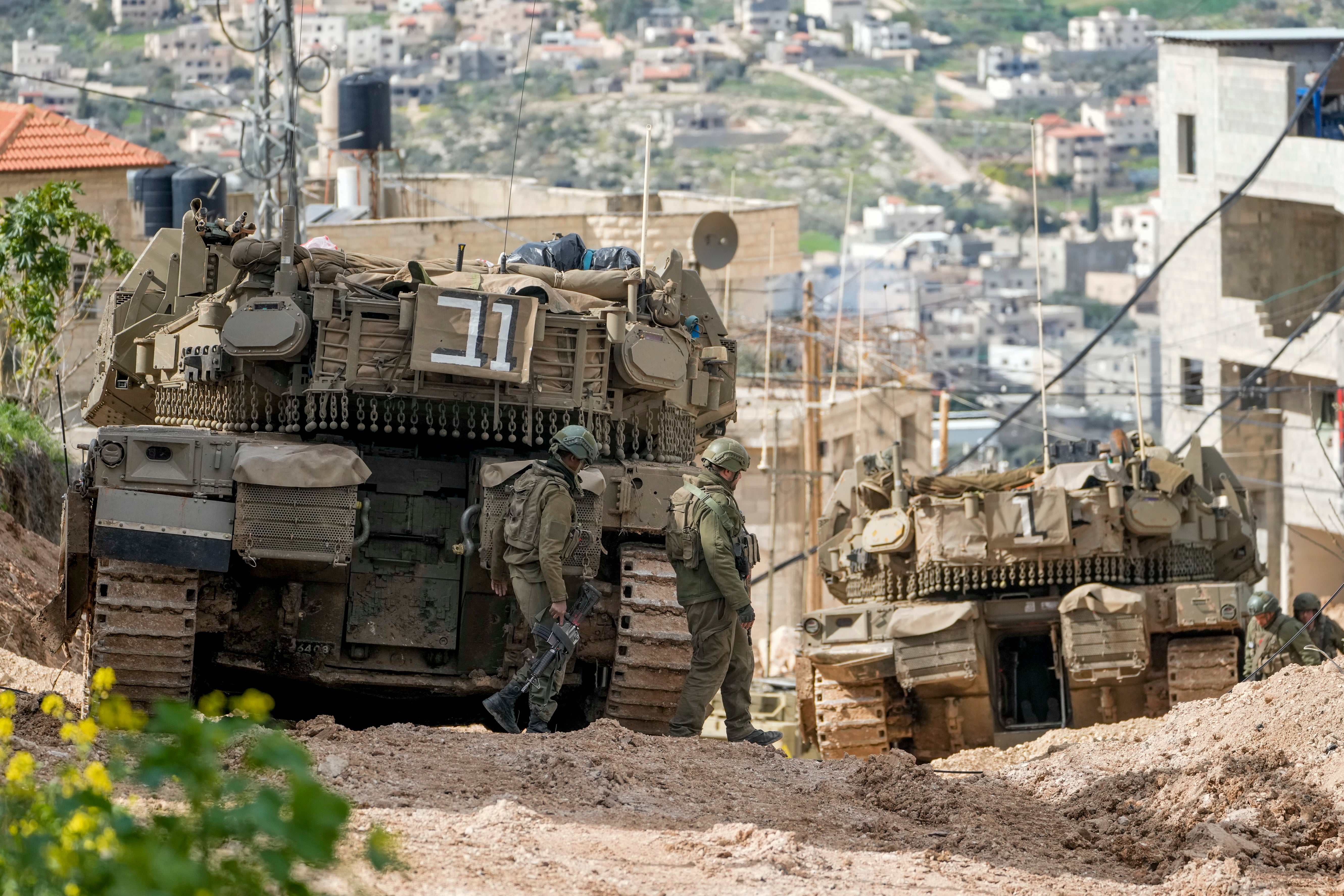 Israeli Merkava tanks in Jenin on Monday