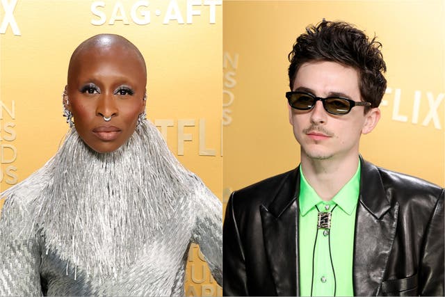 <p>Cynthia Erivo and Timothée Chalamet on the 2025 SAG Awards' red carpet</p>