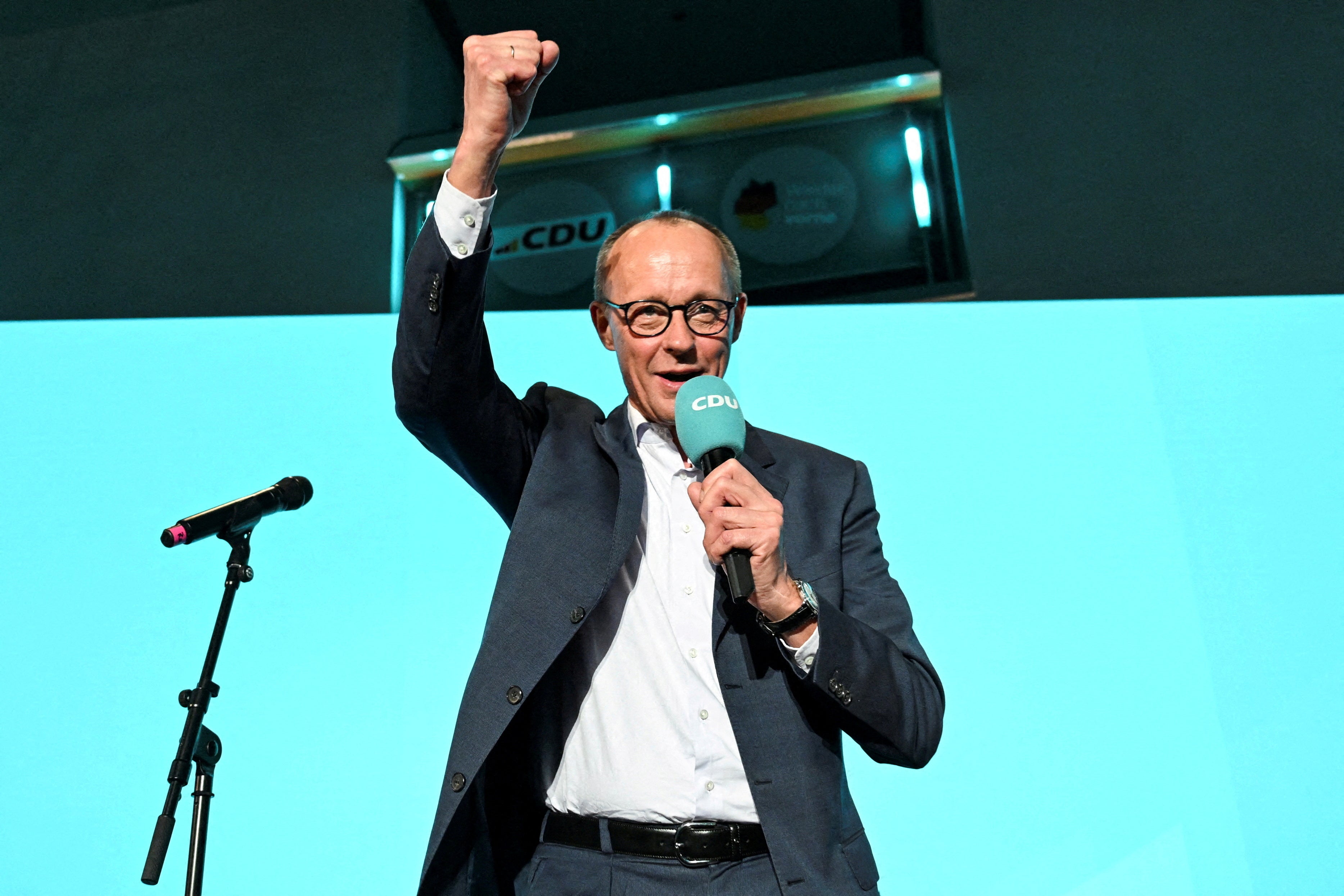 Christian Democratic Union party leader Friedrich Merz speaks at the party headquarters, after the exit poll results are announced for the 2025 general election, in Berlin, Germany