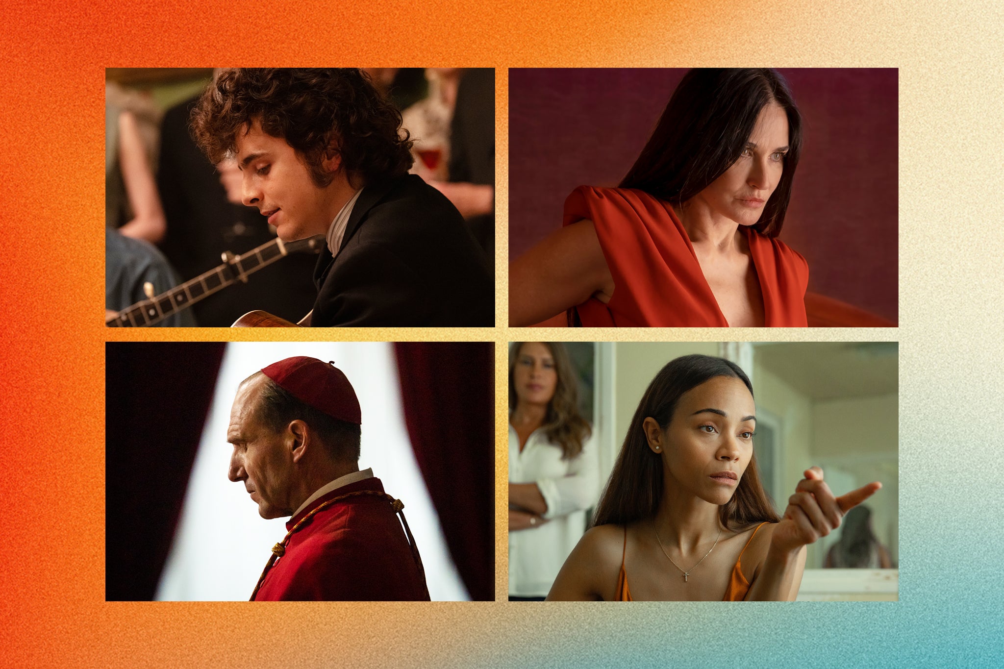 The big picture: (clockwise, from top left) ‘A Complete Unknown’, ‘The Substance’, ‘Emilia Pérez’ and ‘Conclave’ are among the films duking it out at this weekend’s Oscars