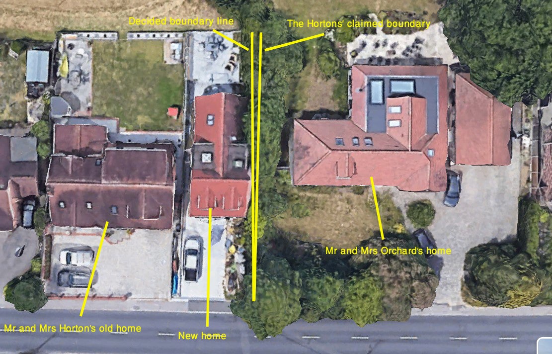 Aerial location of boundary dispute between Samuel and Kathleen Horton and neighbours Jonathan and Carolyn Orchard
