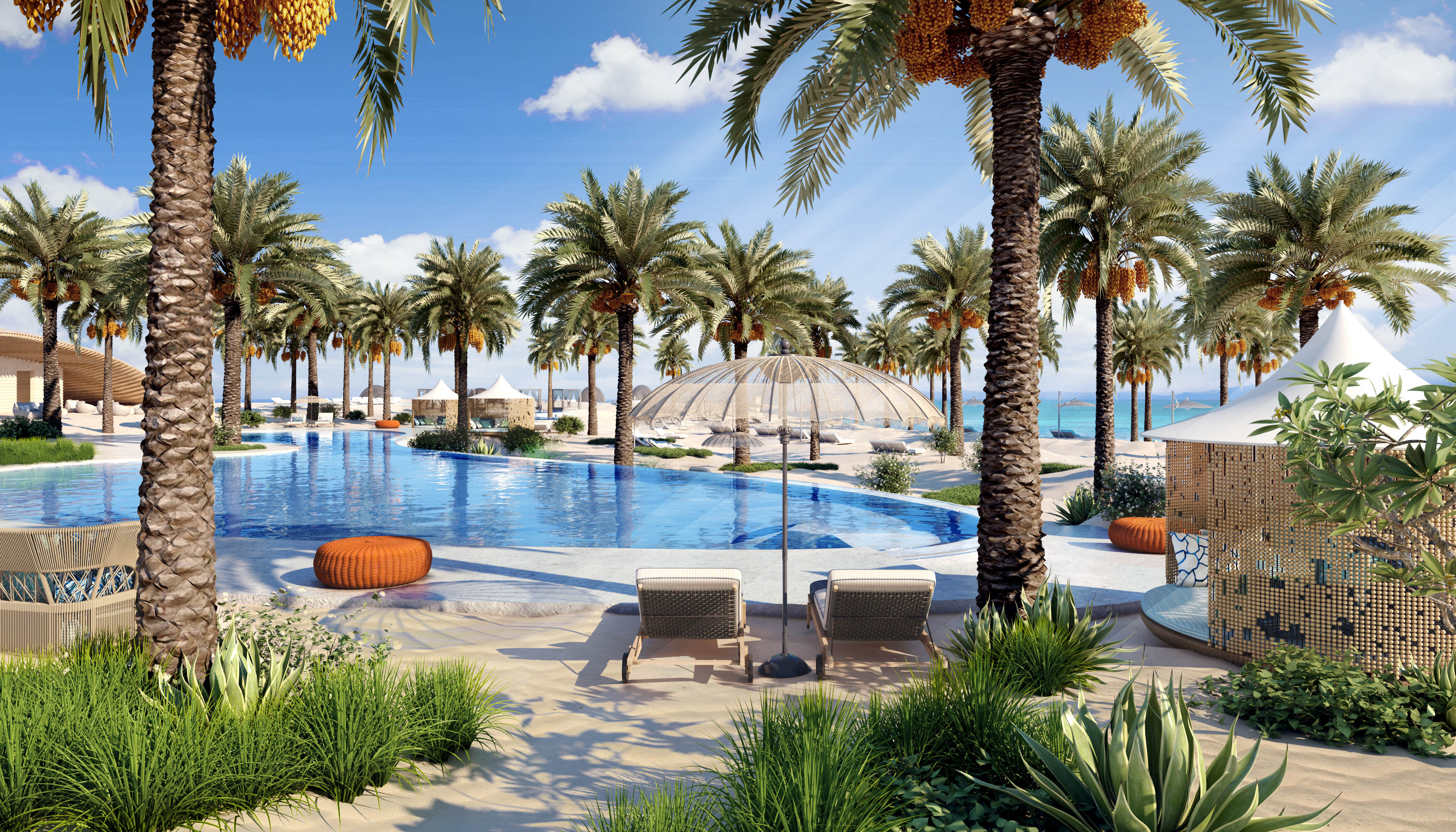 The resort has outdoor swimming pools and a beach