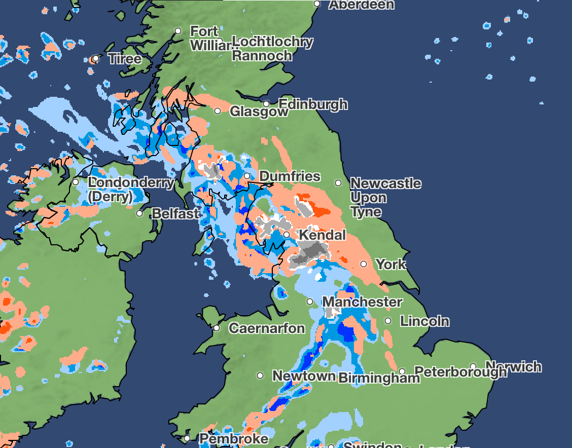 The snow and hail will move in through westwards across the north of England and south of Scotland